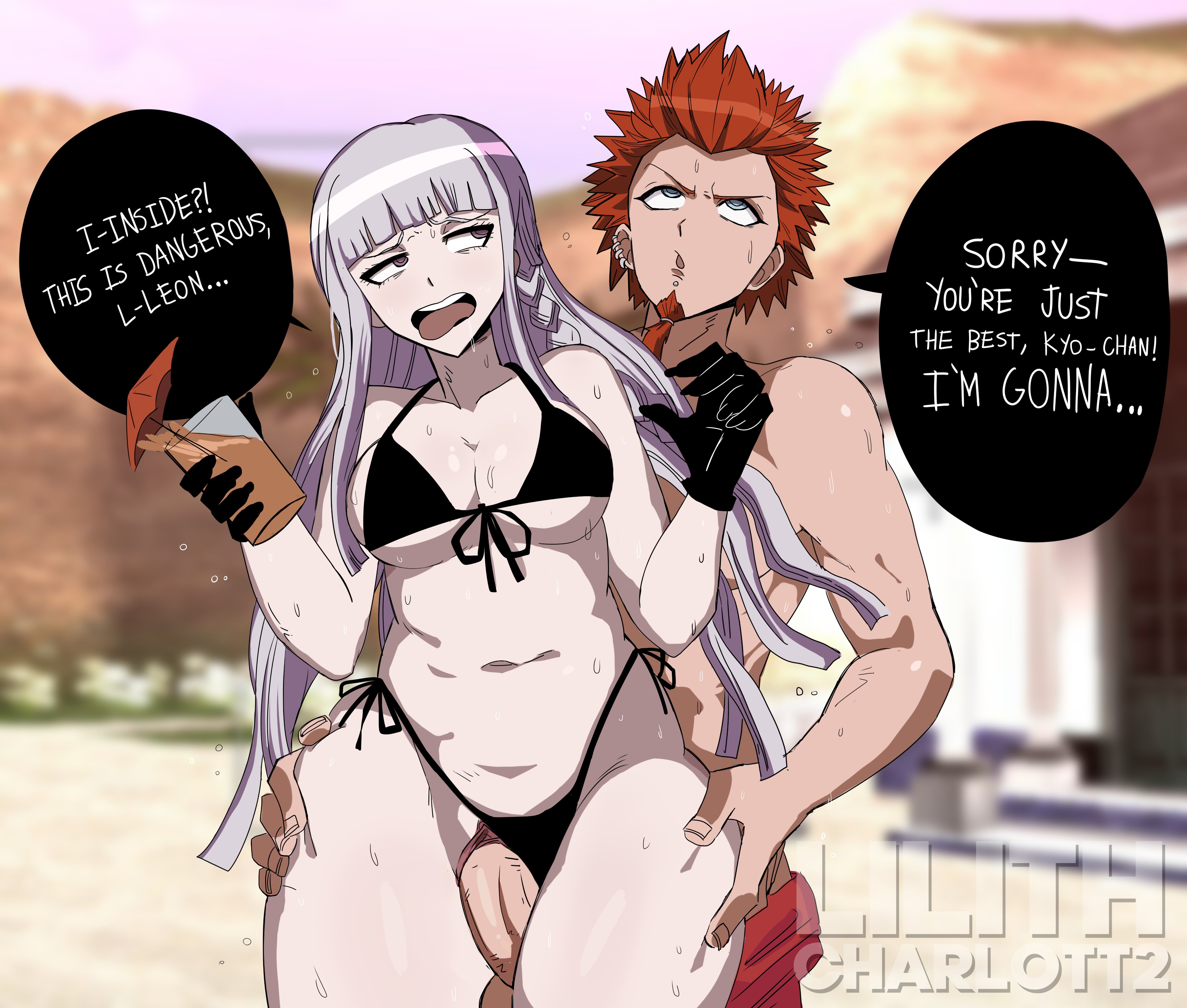 1boy, 1girls, alternate version available, bare shoulders, beach, bikini, black bikini, blue eyes, braid, breasts, cleavage, curvy female, danganronpa, danganronpa: trigger happy havoc, dangerous day, ejaculation, feet out of frame, female, gloves, hands on hips, hips grab, implied cheating, impregnation risk, kirigiri kyouko, kuwata leon, large breasts, large penis, light skin, lilithcharlott2, male, narrow shoulders, navel, panties aside, pants down, pear shaped, penis, purple eyes, purple hair, pussy, red hair, rolling eyes, sex, side-tie bikini, sidelocks, skimpy, skimpy clothes, stomach, straight hair, string bikini, swimming trunks, swimwear, teeth showing, thick thighs, thigh grab, thighs, vaginal penetration, very long hair, wide hips