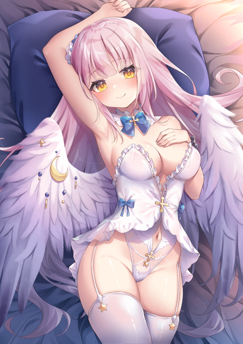 angel_wings arm_up armpits babydoll bangs bed_sheet blue_archive blue_bow blue_bowtie blush bow bowtie breasts cleavage closed_mouth clothing_cutout collar crescent cross detached_collar feathered_wings female frilled_babydoll from_above garter_straps groin hand_on_own_chest head_on_pillow highleg highres long_hair looking_at_viewer lying medium_breasts mika_(blue_archive) navel_cutout on_back pillow pink_hair smile solo star_(symbol) tea_party_(blue_archive) thighhighs thighs trinity_general_school_student umou_(may65879) very_long_hair white_babydoll white_collar white_garter_straps white_thighhighs white_wings wing_ornament wings yellow_eyes