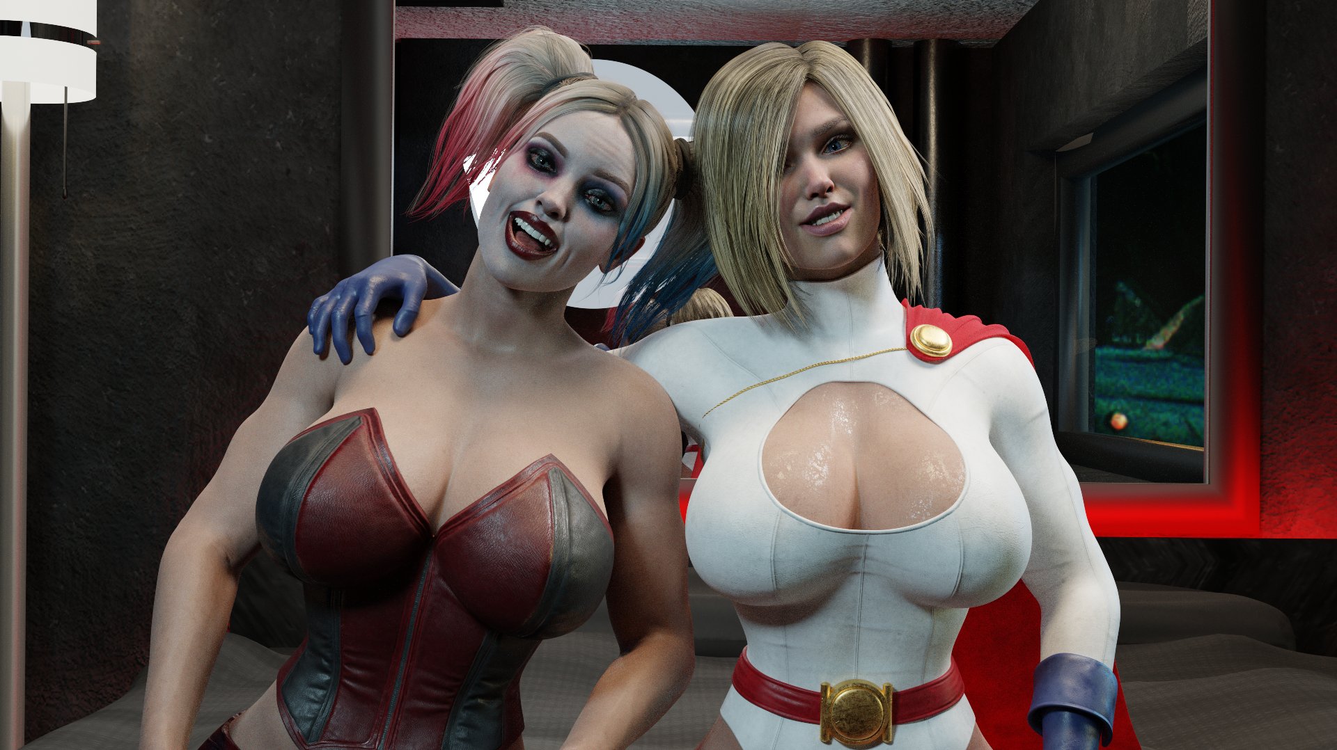 2girls, 3d, alien, alien girl, alien humanoid, batman (series), big breasts, blonde hair, blue eyes, blue gloves, breasts, busty, cleavage, cleavage cutout, curvaceous, curvy, curvy figure, dc, dc comics, eyebrows, eyelashes, eyes, female, female only, fully clothed, gloves, hair, harley quinn, harley quinn (injustice), hero, heroine, hips, hourglass figure, huge breasts, humanoid, injustice 2, kara zor-l, karen starr, kryptonian, large breasts, leather gloves, light skin, light-skinned female, lips, medium hair, power girl, power girl (injustice), sharkmanrenders, short hair, superhero, superheroine, superman (series), upper body, villain, villainess, voluptuous, wholesome