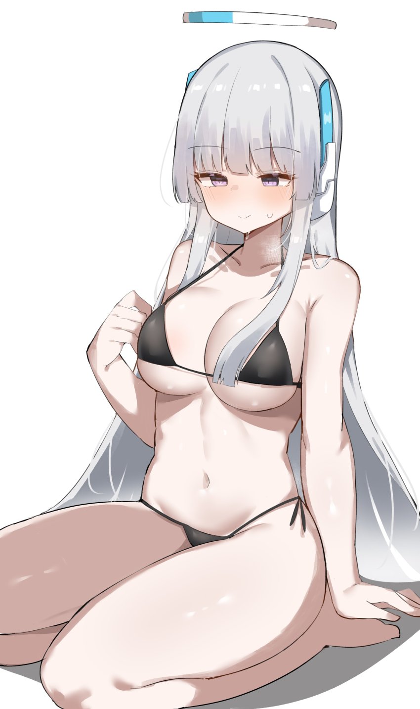 absurdres, bangs, bare shoulders, barefoot, bikini, black bikini, blue archive, blush, breasts, collarbone, commentary, doldol (rkwowlqrp), female, halo, hand up, highres, large breasts, long hair, micro bikini, millennium science school student, navel, noa (blue archive), purple eyes, seiza, seminar (blue archive), shiny skin, side-tie bikini bottom, simple background, sitting, solo, stomach, sweat, swimsuit, thighs, very long hair, white background, white hair