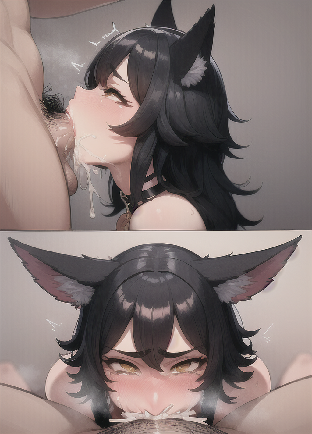 1boy, 1girls, ai generated, aiwildly, animal ears, black hair, choker, cock, collar, cum, cum drip, cum in mouth, cum in throat, deepthroat, deepthroat holder, deepthroat no hands, eye contact, fellatio, female, long hair, looking at viewer, male, nai diffusion, oral, oral sex, original, original character, penis, petite, pov, stable diffusion, throat bulge, tight throat, wolf ears, yellow eyes