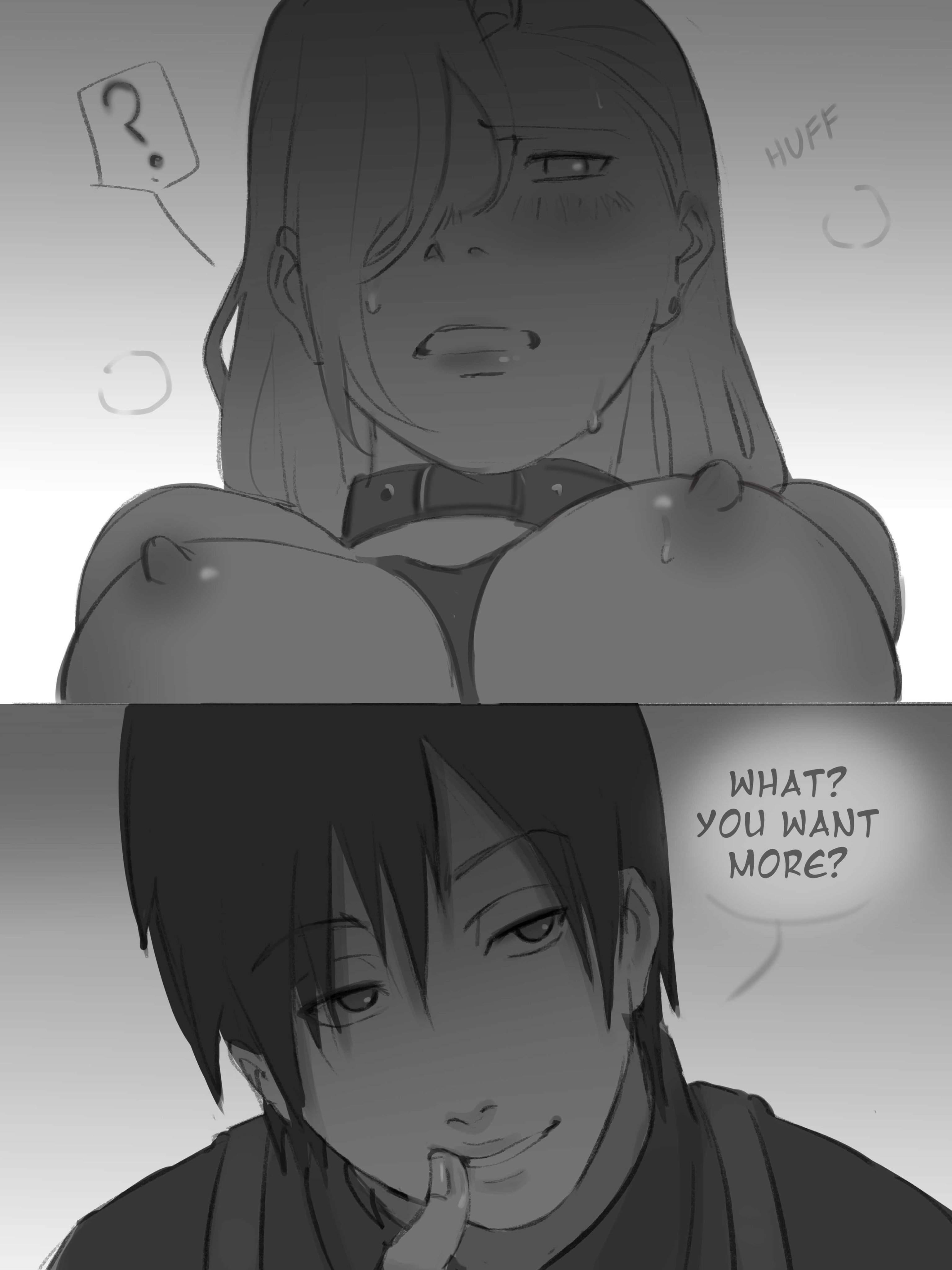 1boy, 1girls, absurd res, areolae, bare shoulders, bdsm gear, bdsm outfit, bedroom, bedroom eyes, big breasts, black eyes, black hair, blush, bondage, bondage gear, bondage outfit, breasts, busty, canon couple, collar, comic, couple, dialogue, dog collar, dominant, dominant male, domination, english text, erect nipples, exposed breasts, female, female pov, femsub, hair over one eye, hi res, high resolution, highres, husband and wife, ino yamanaka, large areolae, large breasts, lips, lipstick, looking at viewer, makeup, male, male pov, male/female, maledom, married couple, monday mint, monochrome, narrowed eyes, naruto, naruto (series), naruto shippuden, naruto: the last, nipples, parted lips, perky breasts, pov, pov eye contact, romantic, romantic couple, sai, shounen jump, smile, smiling, smirk, speech bubble, story, straight, submissive, submissive female, sweat, sweatdrop, text