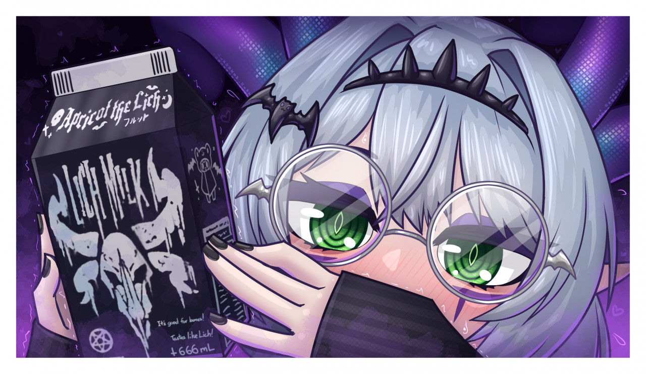 close-up, froot, glasses, green eyes, horns, limebreaker, milk, virtual youtuber, vshojo