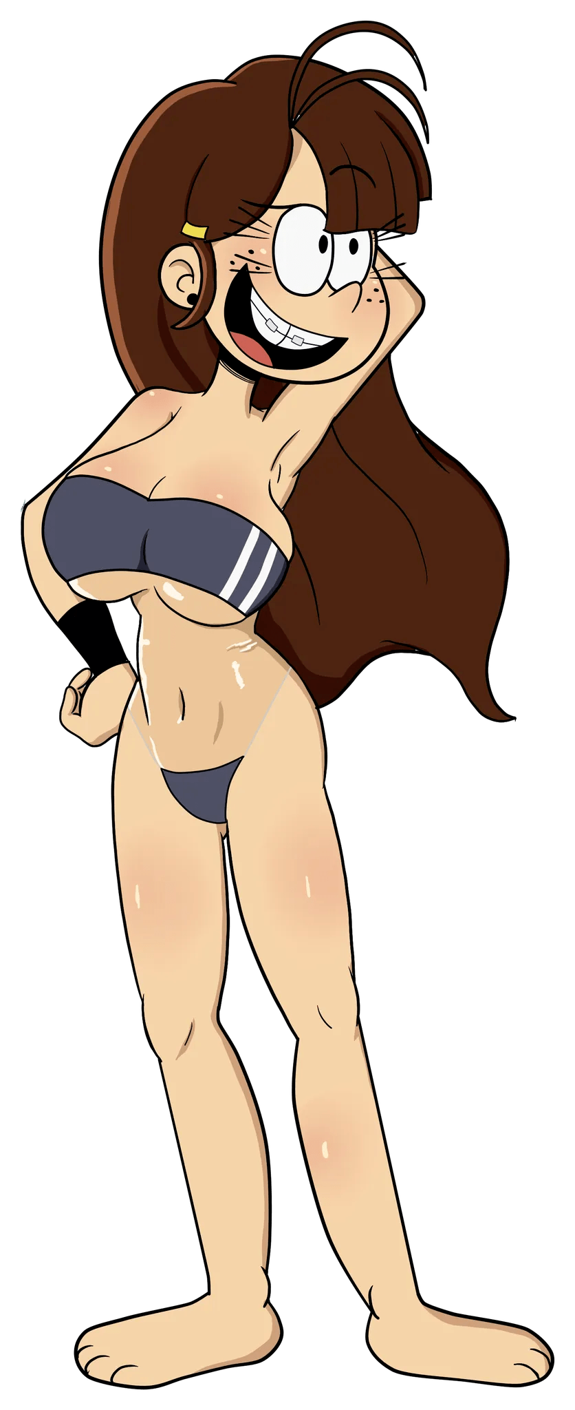 1girls 2022 4_fingers 4_toes aged_up beach big_breasts black_earrings braces brown_hair buckteeth cute earrings female freckles gris_swimsuit hairclip lois_loud nickelodeon original_character pepemay93 swimsuit tagme the_loud_house transparent_background yellow_hairclip