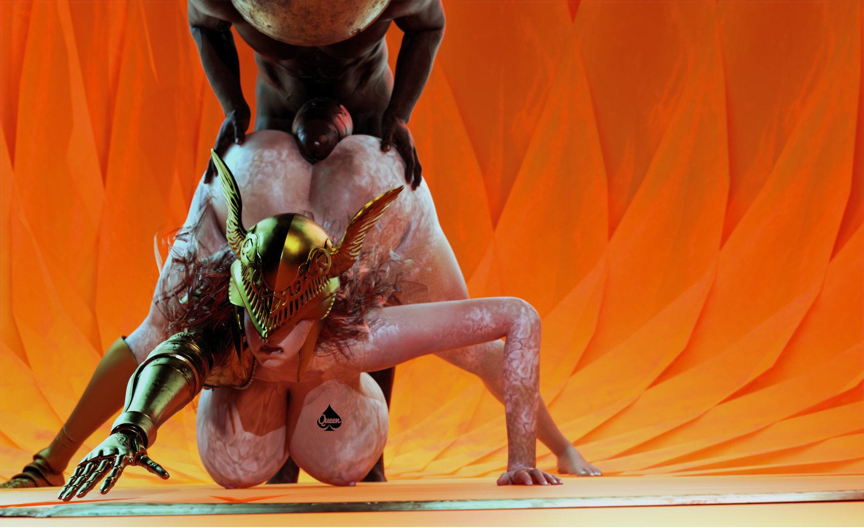 1boy, 1girls, 3d, all fours, ass, ass up, big penis, black penis, breasts, dark skin, dark-skinned male, defeated heroine, dominant male, dustyboyo, elden ring, female, fromsoftware, hands on ass, hanging breasts, huge breasts, interracial, large ass, let me solo her, light skin, light-skinned female, male, malenia blade of miquella, nude, nude female, nude male, penis, penis between ass, queen of spades, reaching out, red hair, sex, submissive female, tarnished