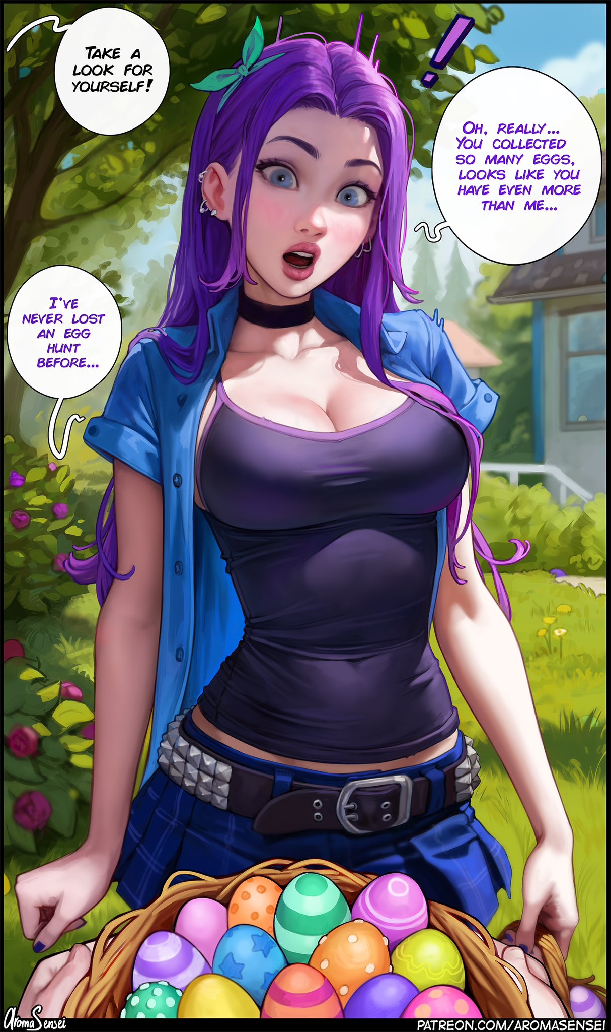 ! 1girls abigail_(stardew_valley) aroma_sensei big_breasts breasts busty curvaceous curvy curvy_figure digital_media_(artwork) easter_egg egg english_text eyebrows eyelashes eyes female female_focus fit fit_female hair hips hourglass_figure huge_breasts human large_breasts legs light-skinned_female light_skin lips mature mature_female purple_hair skirt standing stardew_valley thick thick_legs thick_thighs thighs top_heavy upper_body voluptuous waist wide_hips