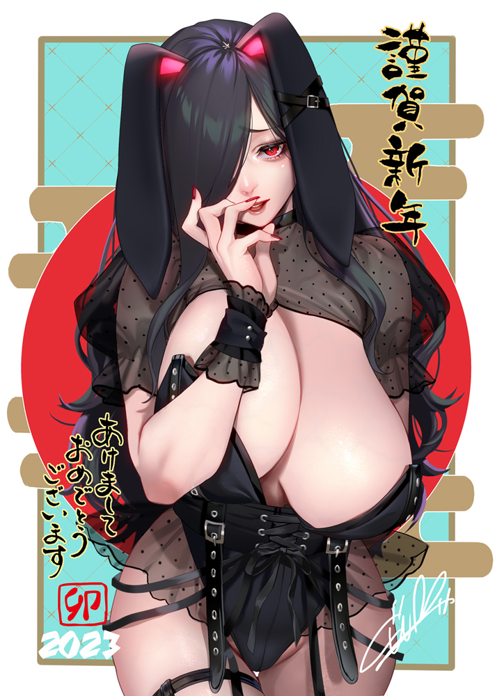 1girls black_hair bunny_ears bunny_girl bunnysuit female female female_focus female_only looking_at_viewer masami_chie red_eyes seductive seductive_look solo_female