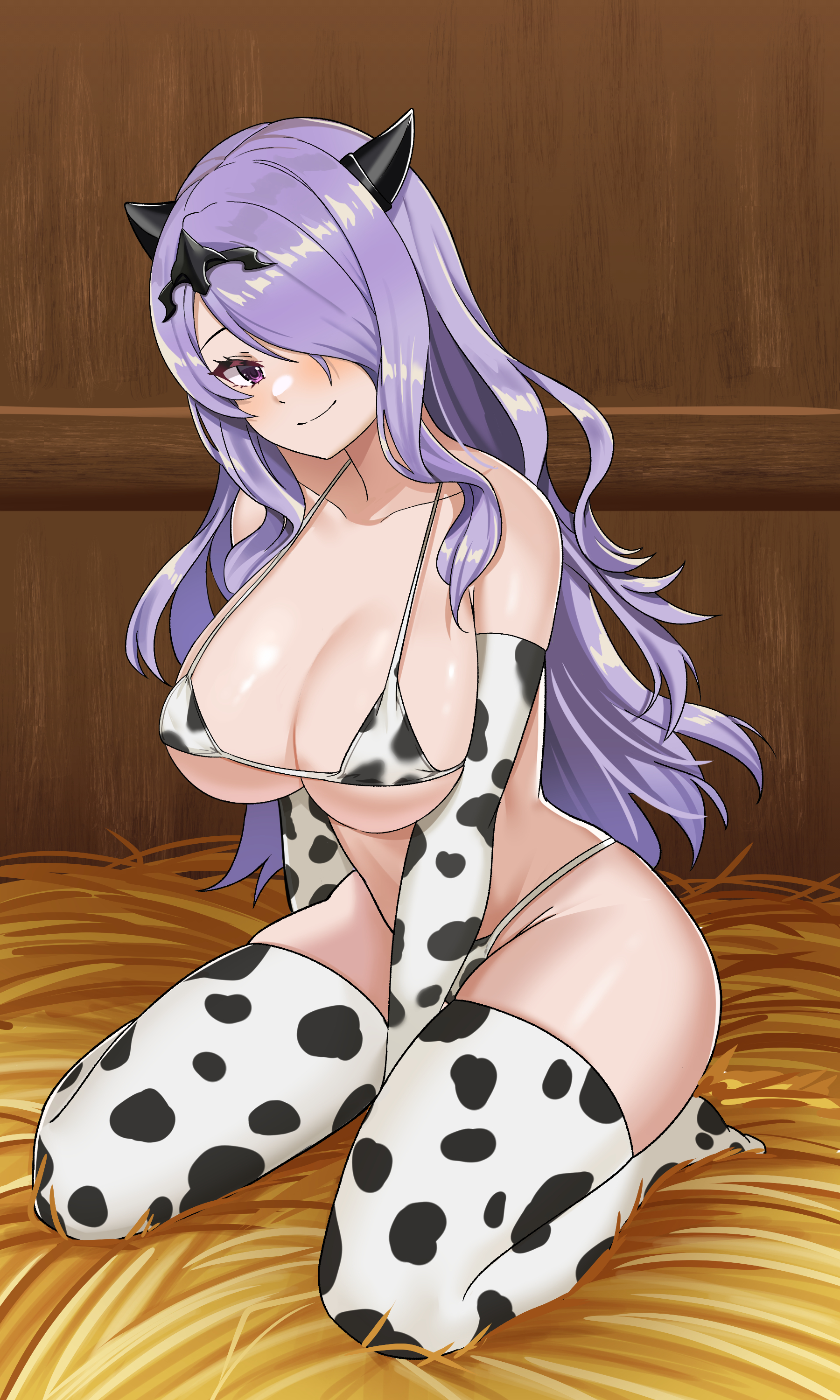 1girls, absurdres, animal print, bare shoulders, between legs, bikini, breasts, camilla (fire emblem), cleavage, cow print, elbow gloves, female, female only, fire emblem, fire emblem fates, gloves, hair ornament, hair over one eye, halterneck, hand between legs, hay, highres, horns, large breasts, long hair, looking at viewer, nintendo, print bikini, purple eyes, purple hair, smile, solo, string bikini, swimsuit, thighhighs, twomoon, white bikini, white gloves, white thighhighs