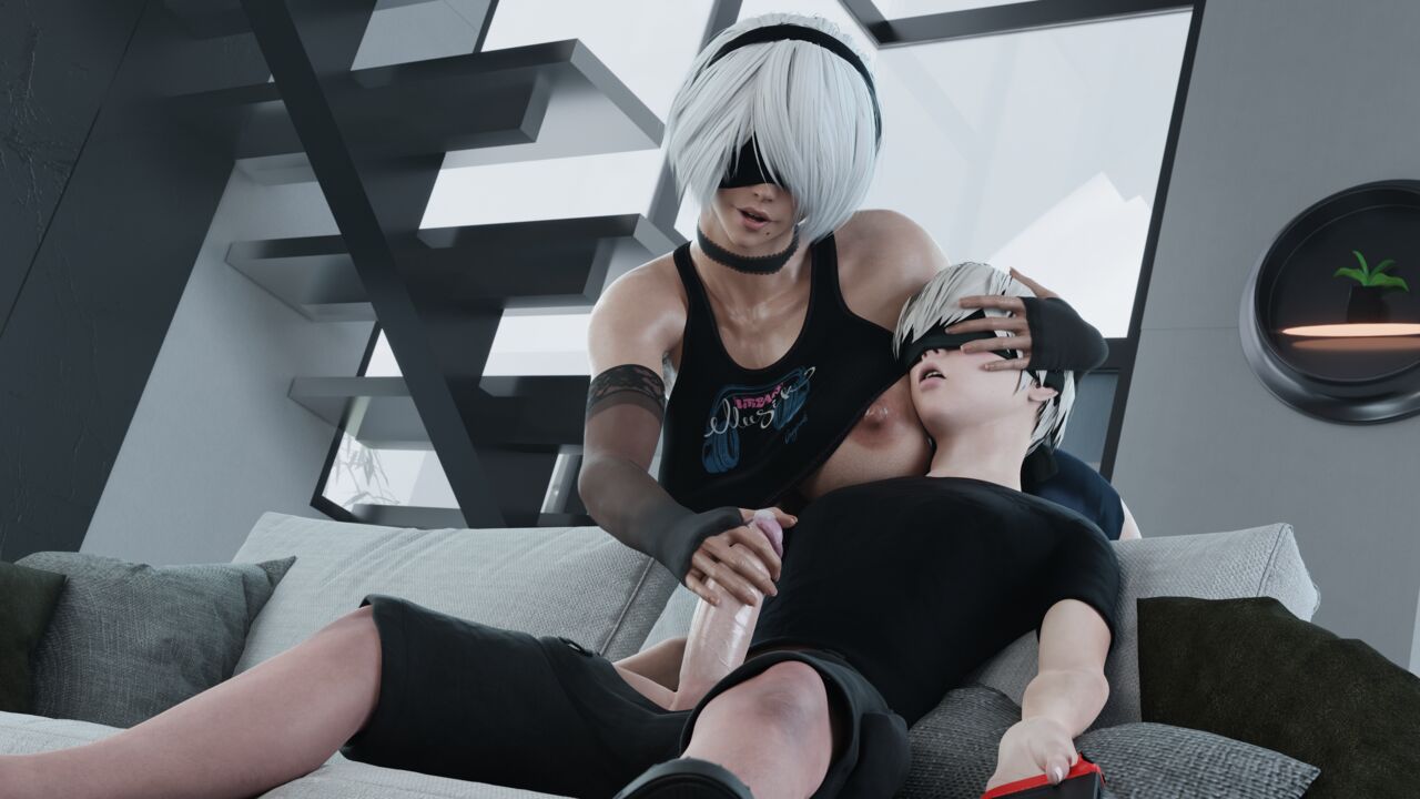 1boy, 1girls, 3d, android, areolae, ass, athletic, athletic female, balls, big breasts, big penis, blindfold, bottom heavy, breasts, bubble ass, bubble butt, busty, couch, curvaceous, curvy, curvy figure, digital media (artwork), erect penis, erection, female, female focus, fit, fit female, hair, hairband, handjob, hips, hourglass figure, huge breasts, humanoid, large breasts, legs, light skin, light-skinned female, light-skinned male, lips, male, male/female, nier, nier: automata, nipples, penis, pervertmuffinmajima, precum, sex, short hair, sitting, straight, testicles, thick, thick legs, thick thighs, thighs, top heavy, upper body, voluptuous, waist, white hair, wide hips, yorha 2b, yorha 9s