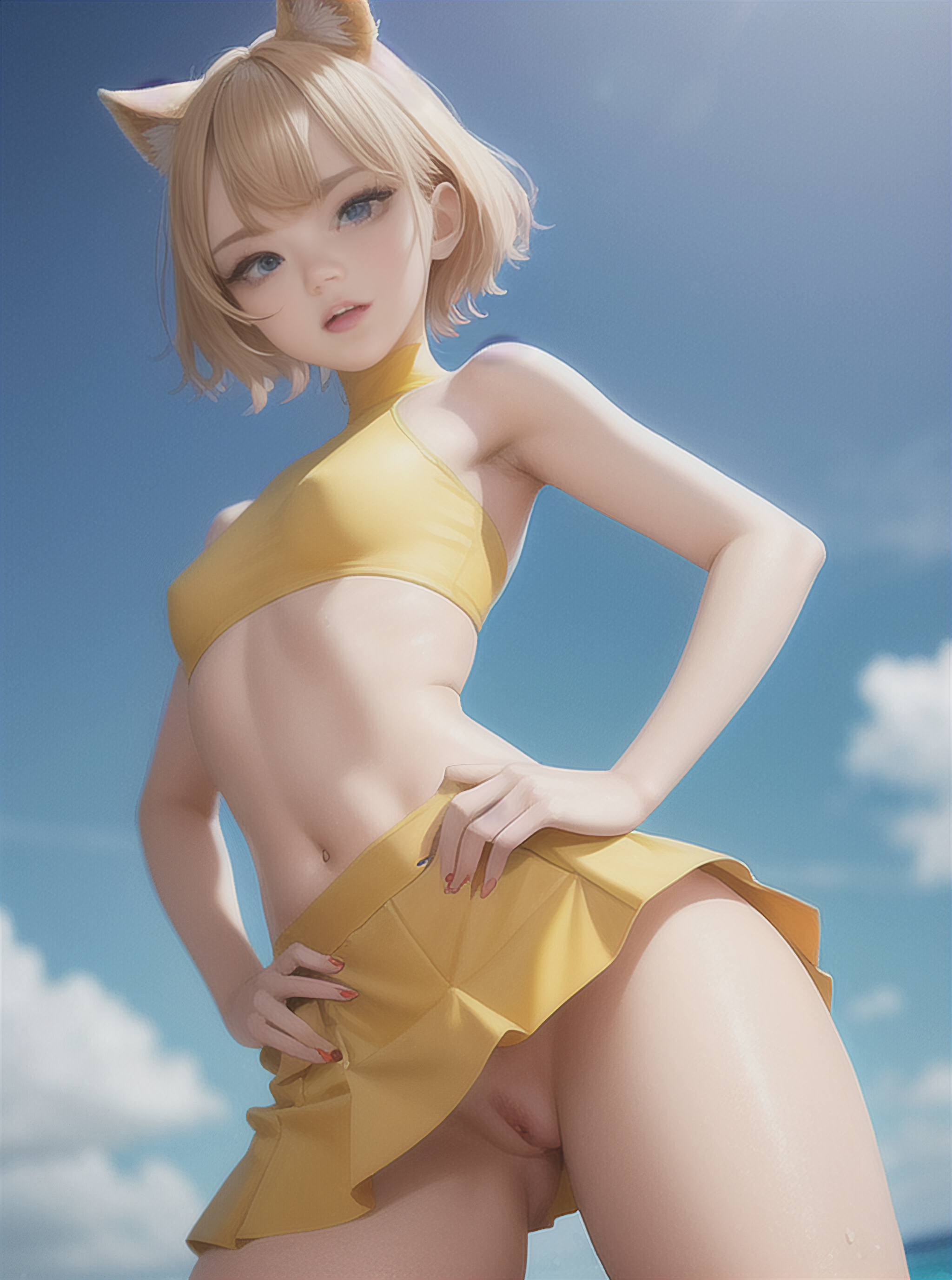 ai generated, breasts, cat ears, cute, female, midriff, navel, no panties, petite, pussy, short hair, skirt, small breasts, stable diffusion