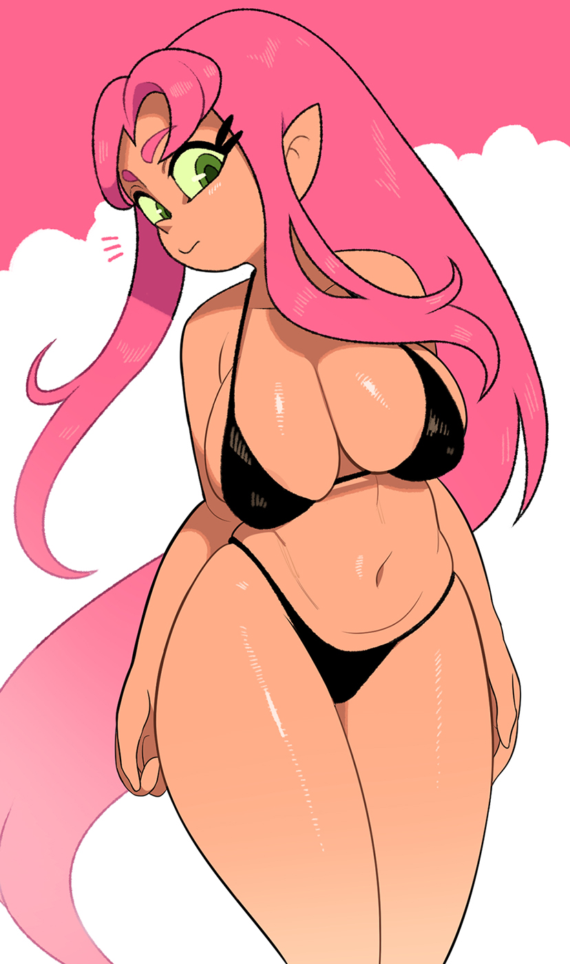 1girls alien alien_girl bikini black_bikini black_swimsuit breasts cartoon_network cleavage dark_skin dc female huge_breasts koriand'r long_hair looking_at_viewer navel orange_skin pointy_ears red_hair starfire swimsuit teen_titans teen_titans_go thick_thighs yuta_agc