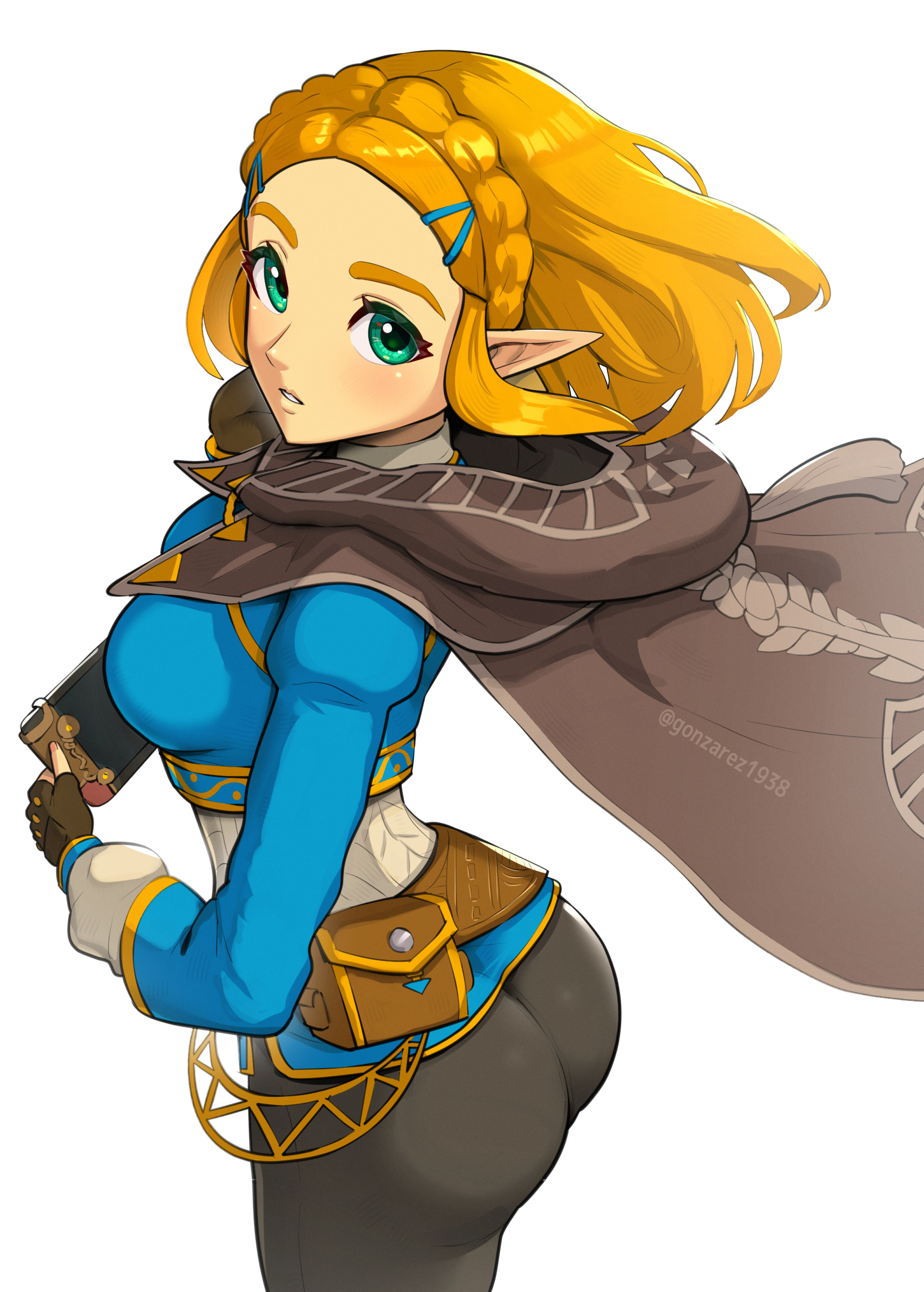 1girls, 2d, artist name, ass, big ass, big breasts, blonde hair, breasts, breath of the wild, busty, female, female only, fingerless gloves, from above, gloves, gonzarez, highres, huge ass, large breasts, long hair, looking at viewer, nintendo, pants, pointy ears, princess zelda, solo, tears of the kingdom, the legend of zelda, voluptuous, zelda (tears of the kingdom)