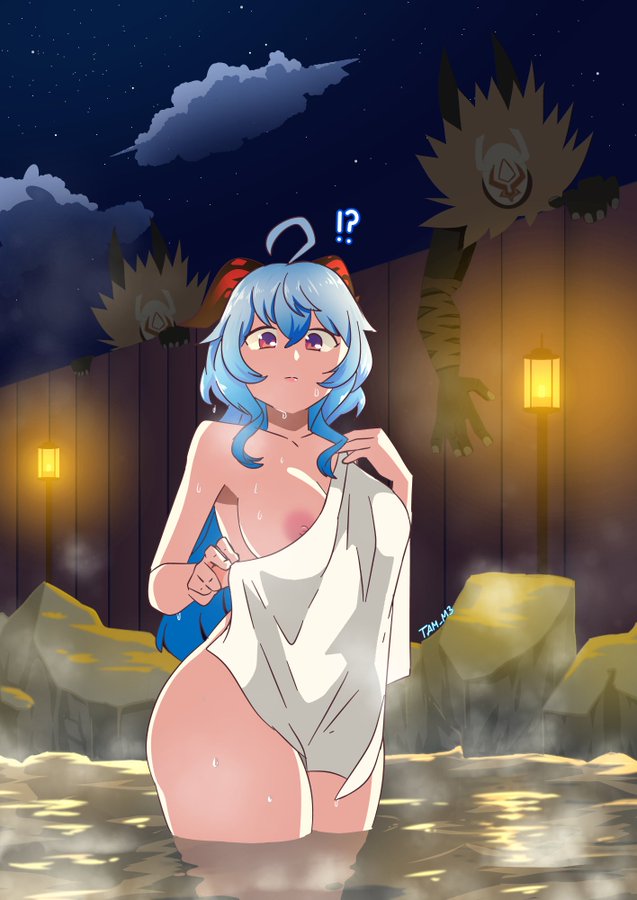 !?, 1girls, before sex, blue body, blue hair, cloud, female, ganyu (genshin impact), genshin impact, hilichurls (species), horns, mitachurl, onsen