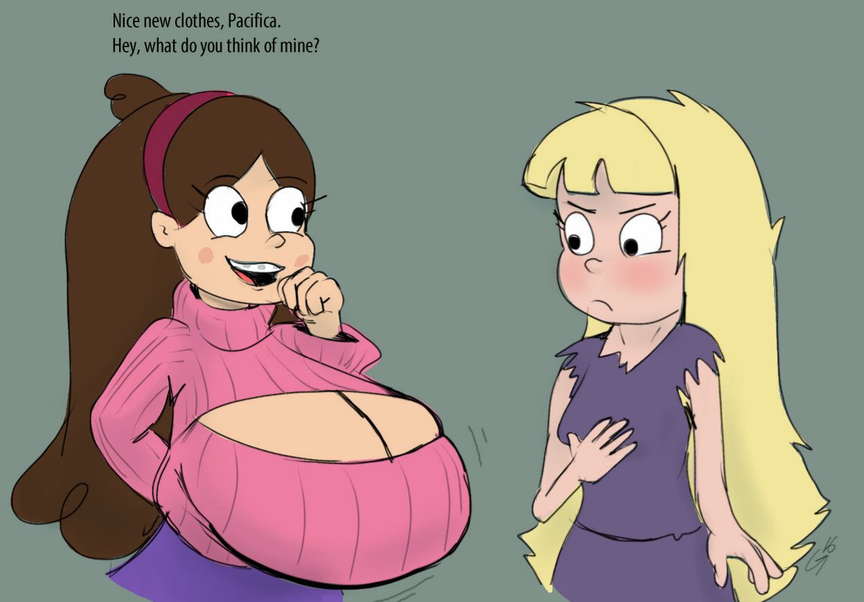 2girls blonde_hair blush boob_drop braces breast_envy brunette cleavage_cutout english_text envy flat_chest godalmite gravity_falls huge_breasts jealous jiggling_breasts long_hair long_sleeves looking_at_another looking_at_breasts mabel_pines pacifica_northwest ripped_clothing skirt small_but_busty smaller_female straight_hair sweater