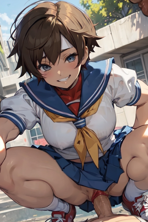 ai generated, aigeneratedp, female, footwear, grinning, sailor uniform, sakura kasugano, shoes, skirt, smiling, sneakers, squatting, squatting cowgirl position, street fighter, street fighter iv, thick legs, thick thighs