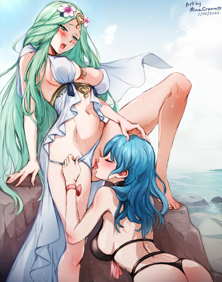 2girls, alternate costume, ass, ass cleavage, ass crack, bangs, bikini, black bikini, black swimsuit, blue hair, blush, breasts, butt crack, byleth (fire emblem), byleth (fire emblem) (female), cleavage, cunnilingus, female, female only, fire emblem, fire emblem heroes, fire emblem: three houses, flower, green eyes, green hair, hair flower, hair ornament, large breasts, long hair, minacream, multiple females, multiple girls, navel, nintendo, nipples, official alternate costume, open mouth, oral, pussy, rhea (fire emblem), rhea (summer) (fire emblem), sex, swimsuit, thong, thong bikini, tongue, white bikini, white swimsuit, yuri