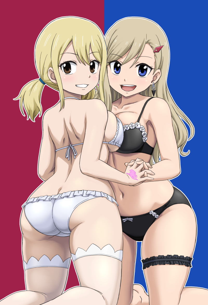 2girls ass ass_focus big_breasts blonde_hair blue_eyes breasts crossover edens_zero fairy_tail female_only frilled_legwear frilled_socks lucy_heartfilia multiple_girls rebecca_bluegarden seductive seductive_eyes seductive_look seductive_pose seductive_smile socks tagme thigh_socks thighhighs vierosky white_socks