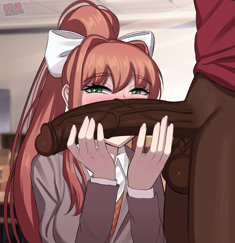 1boy, 1girls, bdone, commission, dark skin, dark-skinned male, doki doki literature club, faceless male, female, green eyes, huge cock, interracial, kneeling, light skin, light-skinned female, long hair, male, melondraws, monika (doki doki literature club), penis, penis awe, penis in front of face, red hair, school uniform, schoolgirl, uncensored