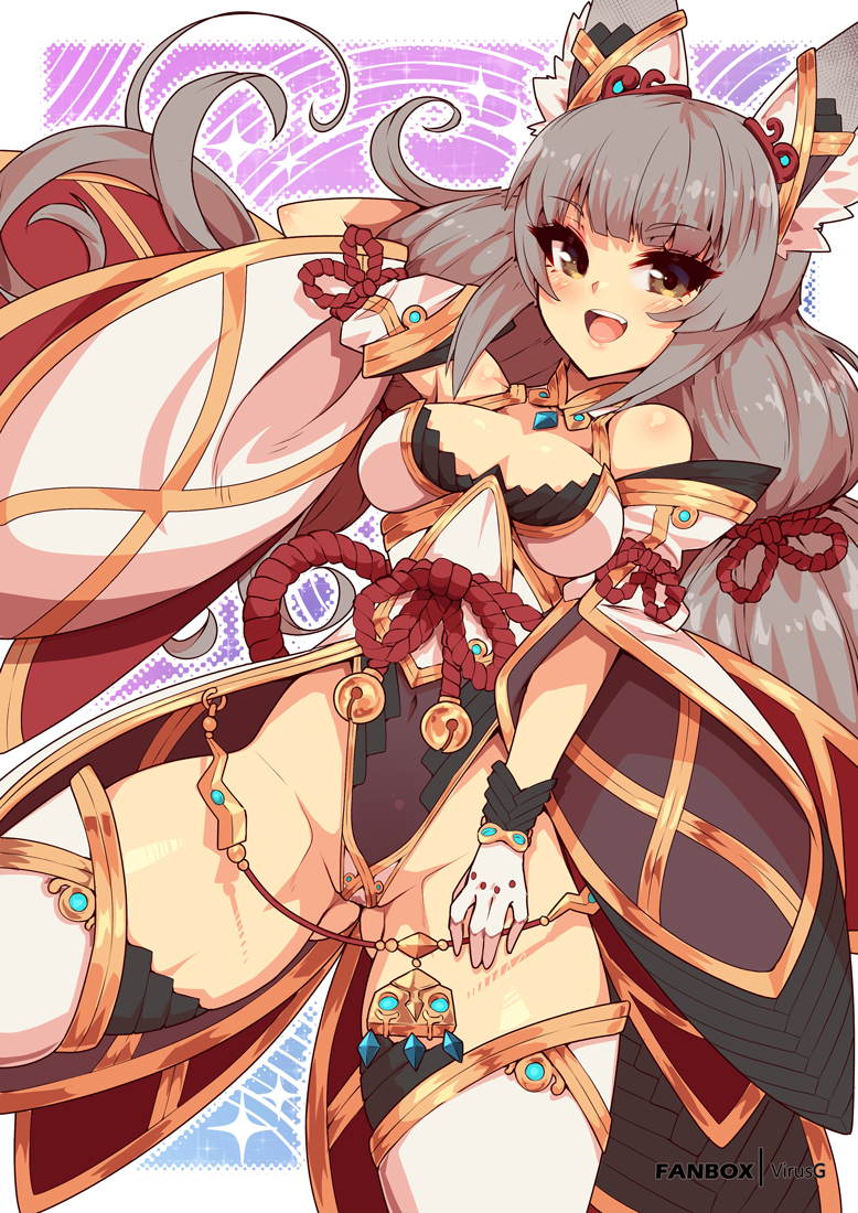 1girls, ass, ass visible through thighs, breasts, brown eyes, cat ears, cat girl, catgirl, cleavage, collarbone, core crystal, female, fox ears, gold eyes, grey hair, hand on thigh, hands behind head, happy, japanese clothes, kitsune, long hair, long sleeves, nia, nia (blade), nia (xenoblade), nintendo, nonude, open mouth, pussy, shoulders, silver hair, small breasts, thick thighs, thighs, virus-g, xenoblade (series), xenoblade chronicles 2, xenoblade chronicles 3, yellow eyes