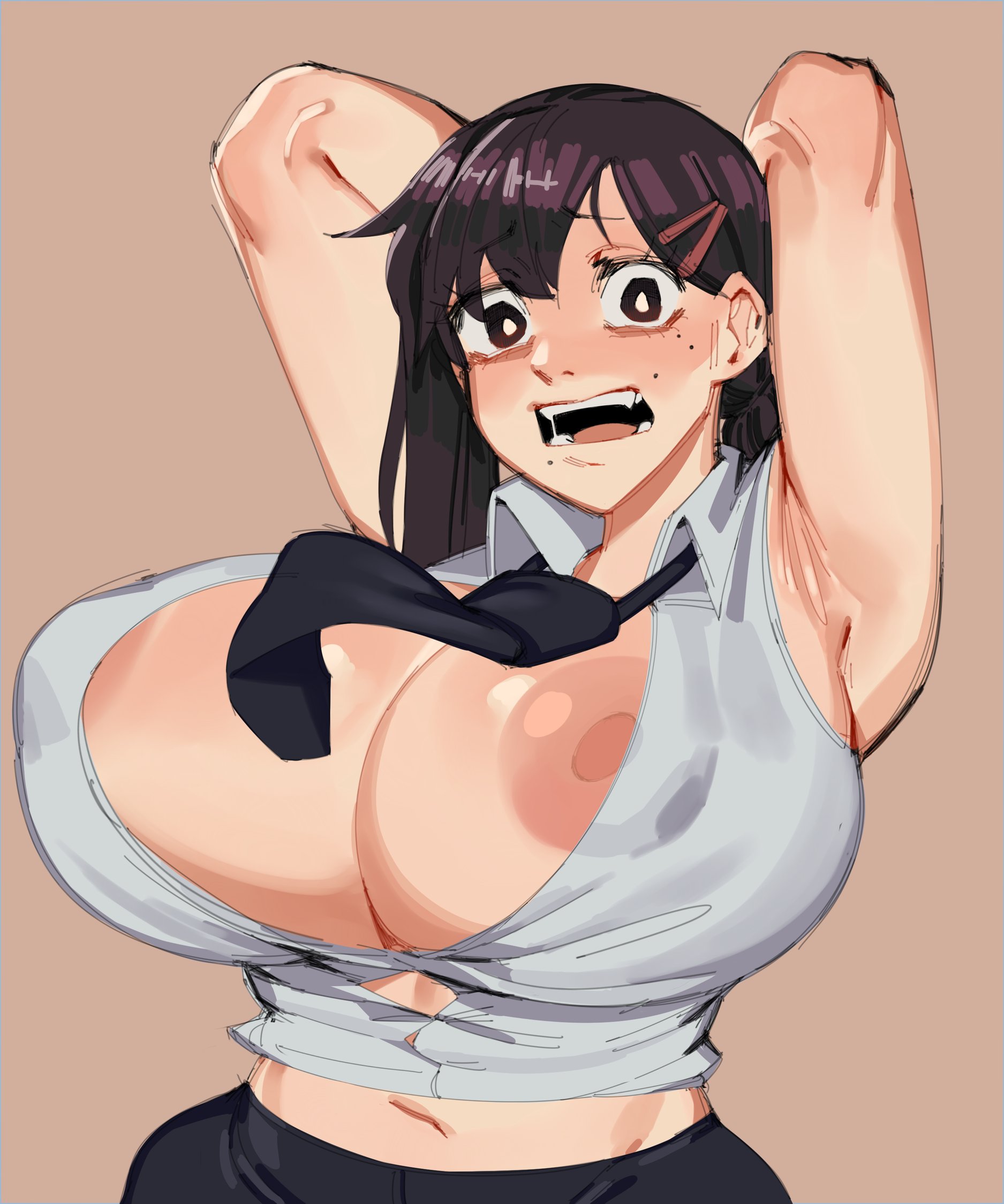 1girls, areola, areola slip, areolae, armpits, arms behind back, arms behind head, arms up, big breasts, breasts, chainsaw man, cleavage, clothed, clothing, female, female only, hairclip, higashiyama kobeni, huge breasts, large breasts, looking at viewer, navel, nezulet, nipple slip, nipples, open mouth, simple background, solo, solo female, standing, tie