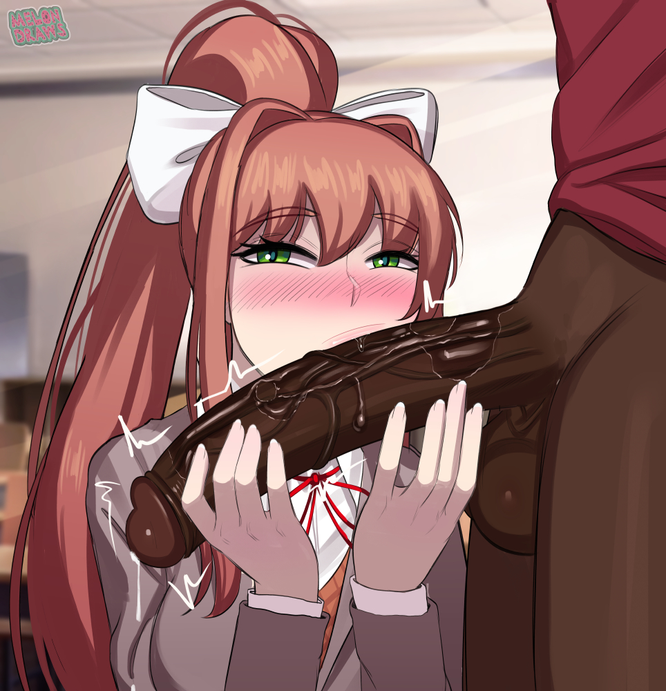 1boy, 1girls, bdone, commission, dark skin, dark-skinned male, doki doki literature club, faceless male, female, green eyes, huge cock, interracial, kneeling, light skin, light-skinned female, long hair, male, melondraws, monika (doki doki literature club), penis, penis awe, penis in front of face, red hair, saliva, school uniform, schoolgirl, tagme, uncensored