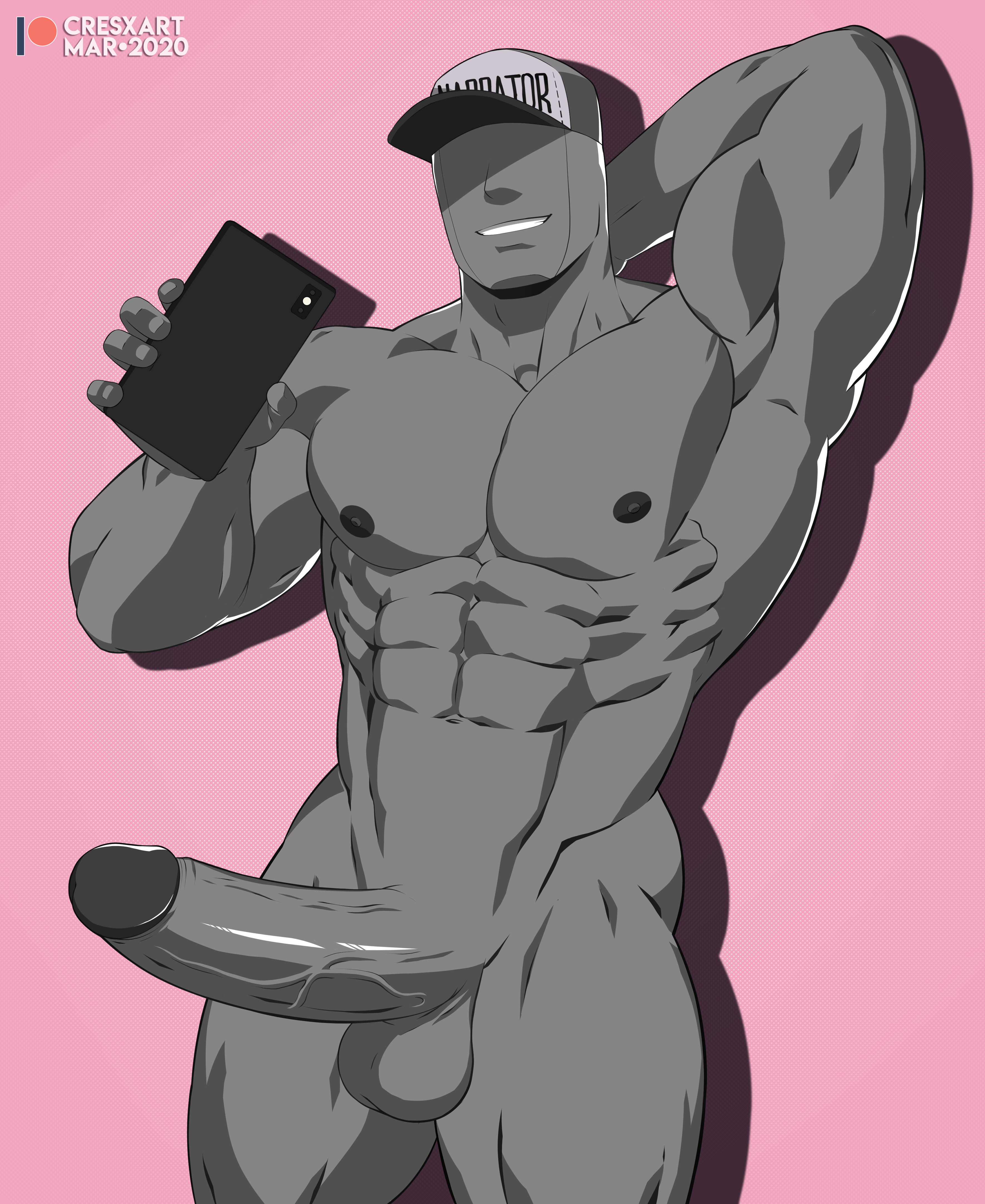 balls, bara, baseball cap, big balls, big penis, boner, cresxart, erection, eyeless, grey body, hand behind head, male, male only, monster prom, muscles, muscular, narrator (monster prom), no eyes, nude, penis, phone, solo, solo male, yaoi