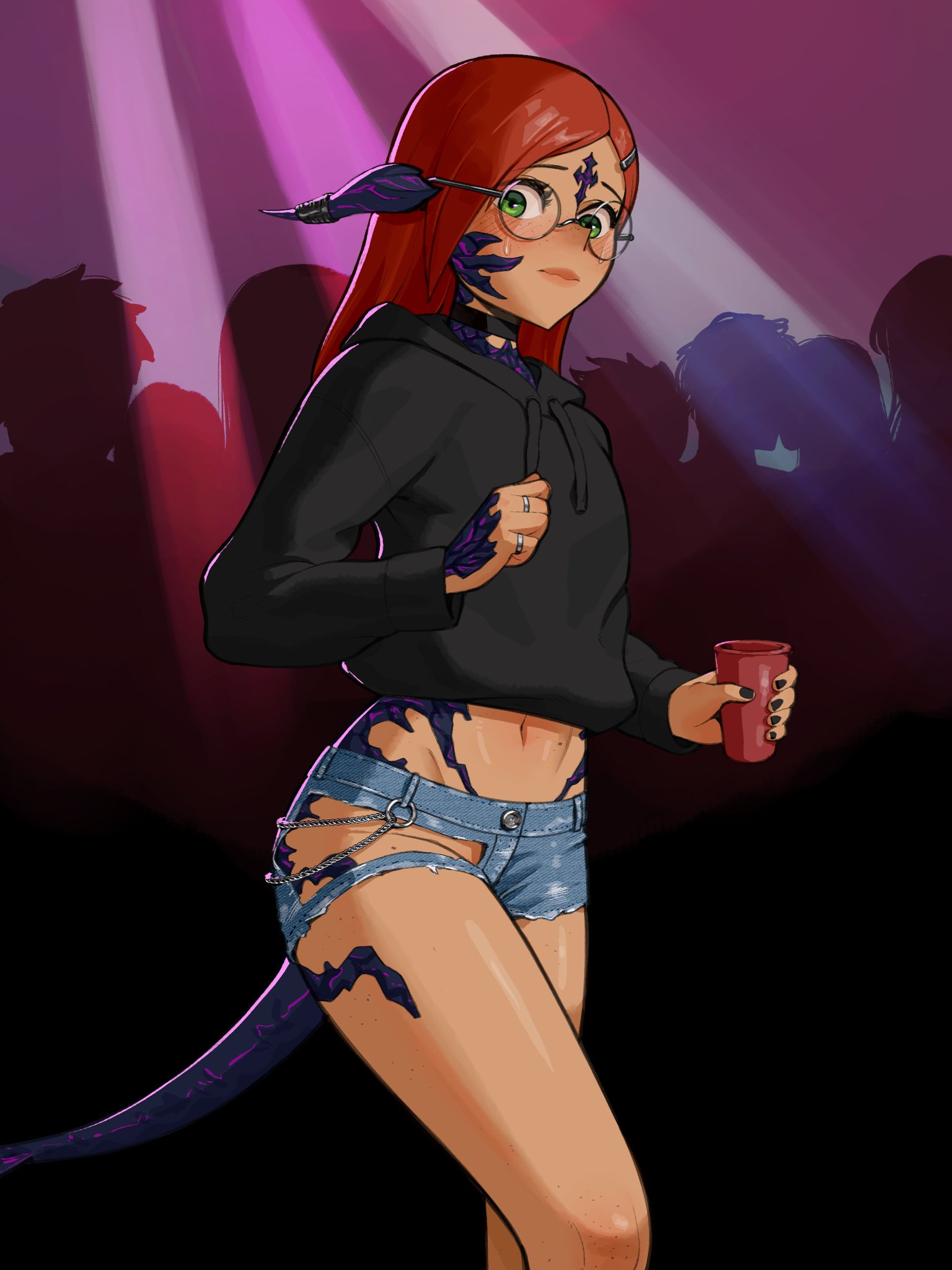 1girls, au ra, cutout, female, final fantasy, final fantasy xiv, fully clothed, hoodie, nervous, party, short shorts, shorts, solo focus, stupidsexyelves, sweatshirt