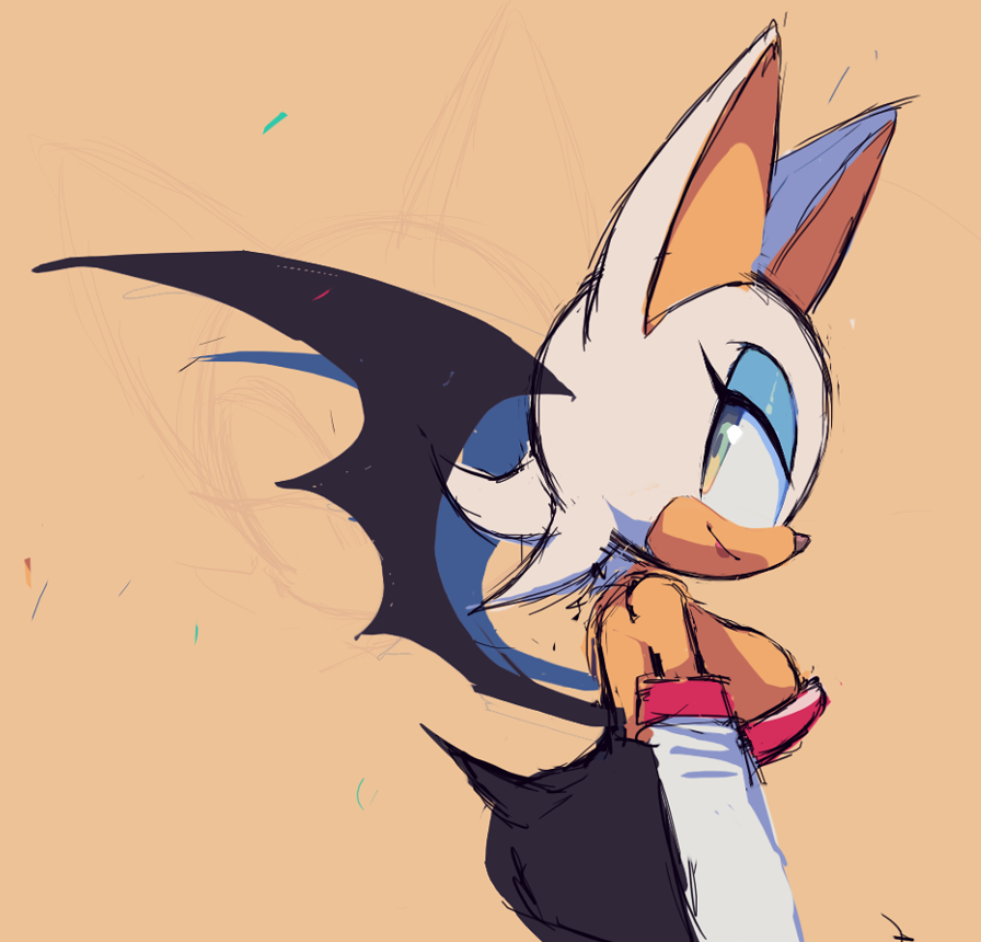 1girls, 2d, anthro, armwear, ass, bat, breasts, clothed, clothing, digital drawing (artwork), eyelashes, eyeshadow, fangs, female, green eyes, looking at viewer, mobian, mobian (species), mobian bat, motobug (artist), pointy ears, rouge the bat, sega, side view, sideboob, simple background, smile, smiling, solo, solo female, sonic (series), sonic adventure 2, sonic the hedgehog (series), tail, white fur, wings
