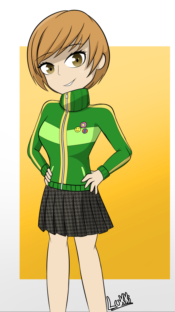 1girls atlus black_skirt breasts brown_eyes brown_hair clothed female female_only front_view green_coat hand_on_hip looking_at_viewer luckster1234 persona persona_4 portrait_format satonaka_chie short_hair smile smiley_face solo