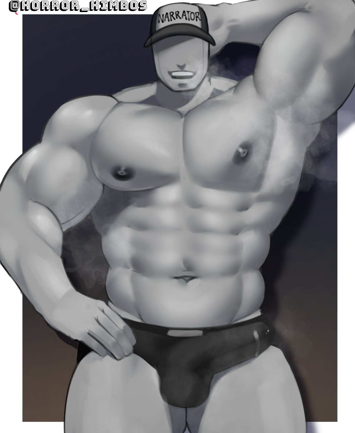 1boy arm_behind_head balls bara baseball_cap boner cap erection erection_under_clothes eyeless gay grey_body hand_behind_head horror_himbos male male_only monster_prom muscles muscular musk narrator_(monster_prom) no_eyes penis solo solo_male underwear