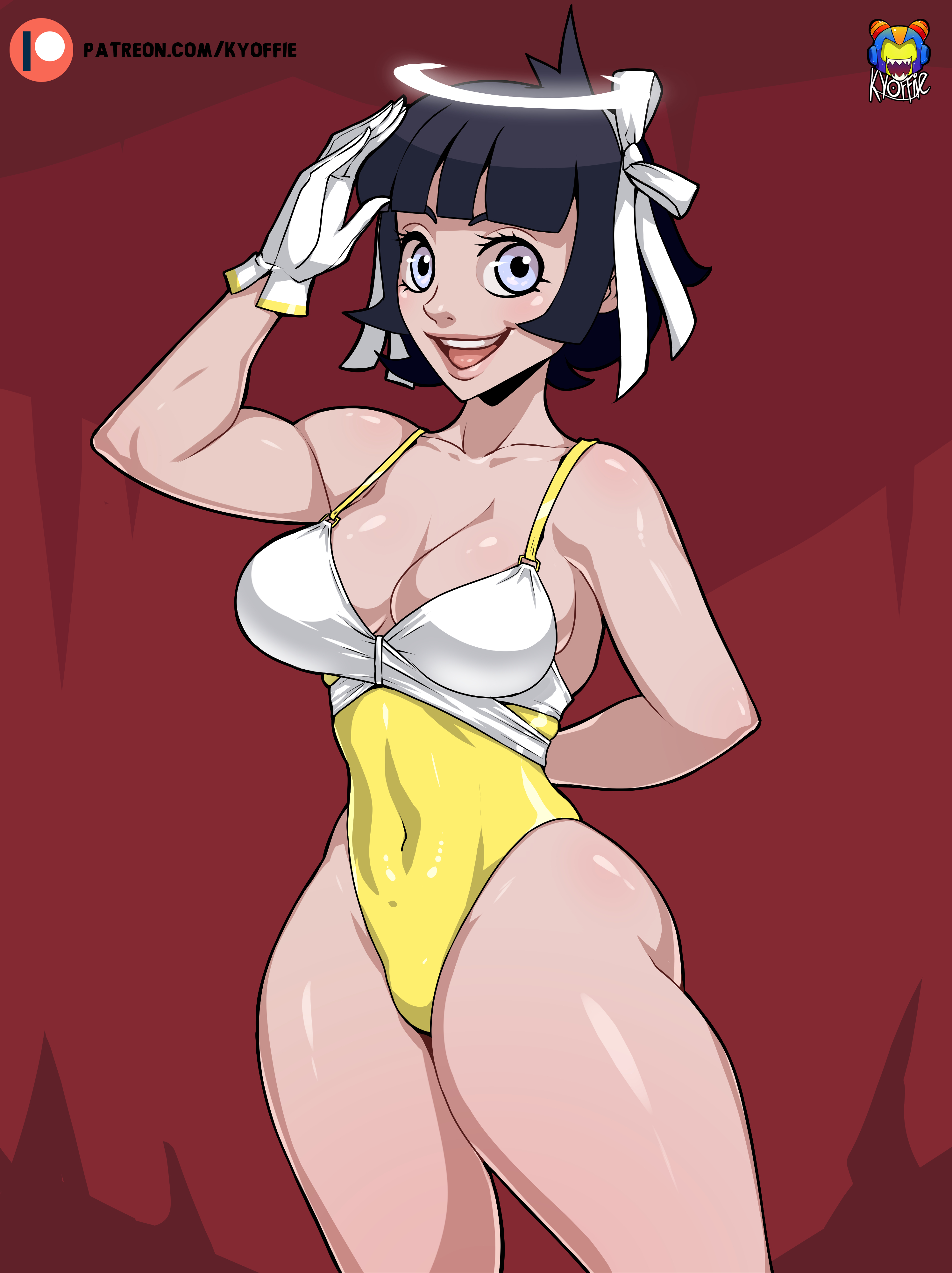 1girls, angel, azazel (helltaker), big breasts, black hair, breasts, cleavage, clothing, female, female only, gloves, hair, hair ornament, halo, hand behind back, handwear, helltaker, hips, kyoffie, leotard, lips, smile, solo, solo female, thighs, white eyes