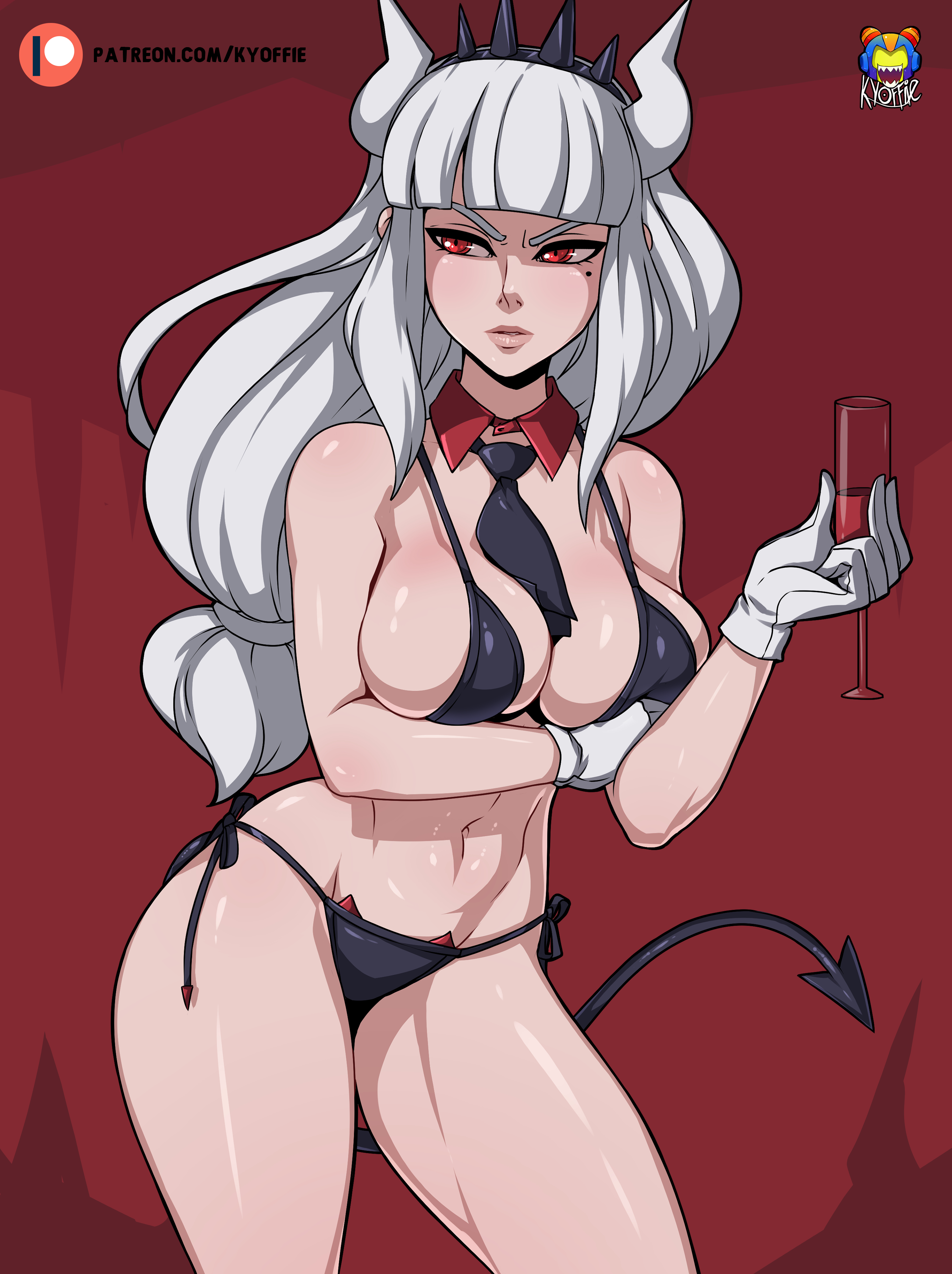 1girls, big breasts, bottomwear, breasts, cleavage, clothing, demon, demon girl, demon horns, demon tail, drink, female, female only, gloves, hair, handwear, helltaker, holding glass, horns, huge breasts, kyoffie, lips, long hair, lucifer (helltaker), mole, mole under eye, necktie, neckwear, red eyes, solo, solo female, tail, thick thighs, thighs, topwear, white hair, wine glass