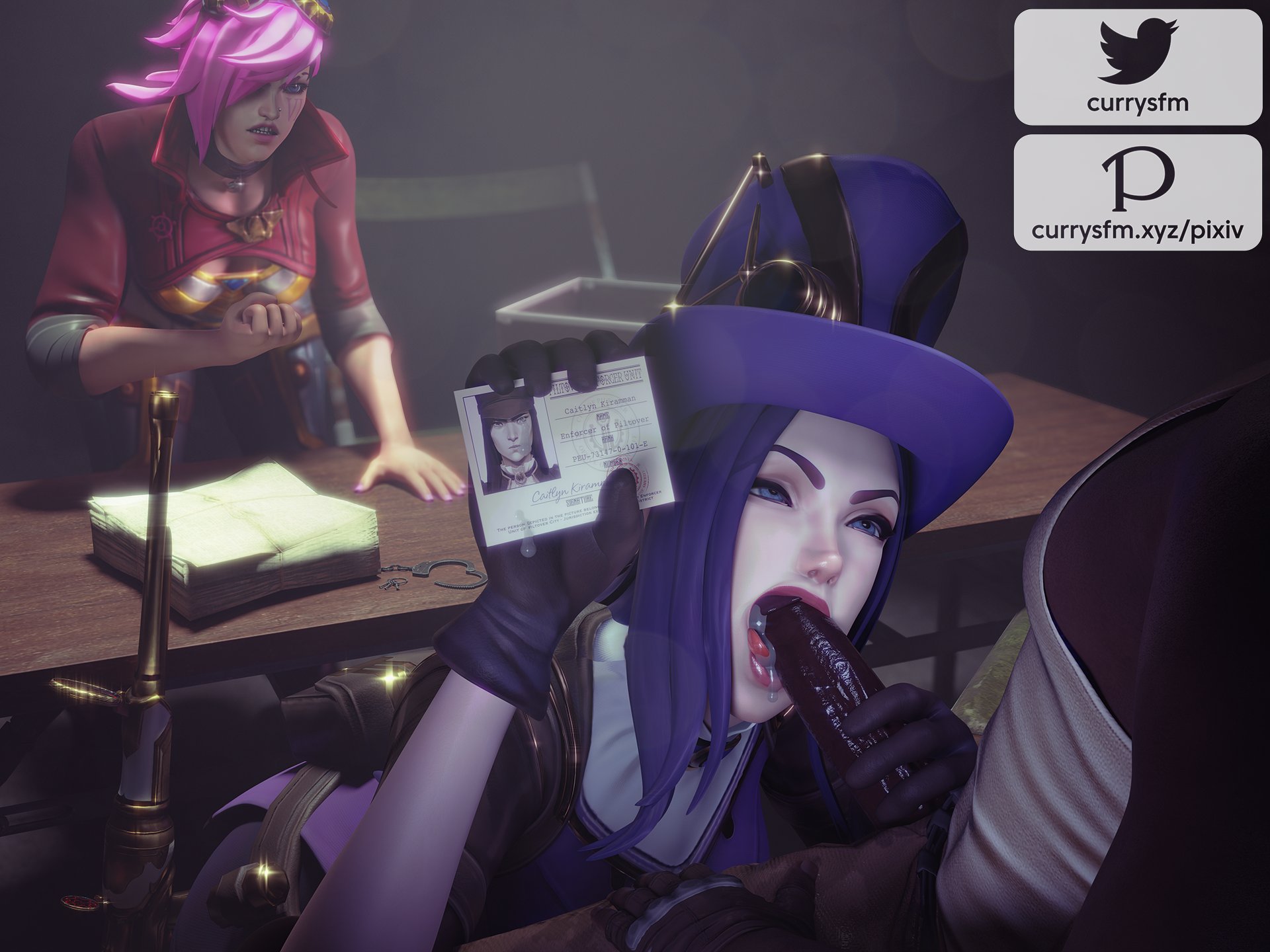 1boy, 2girls, 3d, angry, arcane, arcane vi, blowjob, caitlyn kiramman, cuckquean, cum in mouth, currysfm, dark skin, dark-skinned male, fellatio, female, interracial, league of legends, male, multiple females, multiple girls, penis, vi