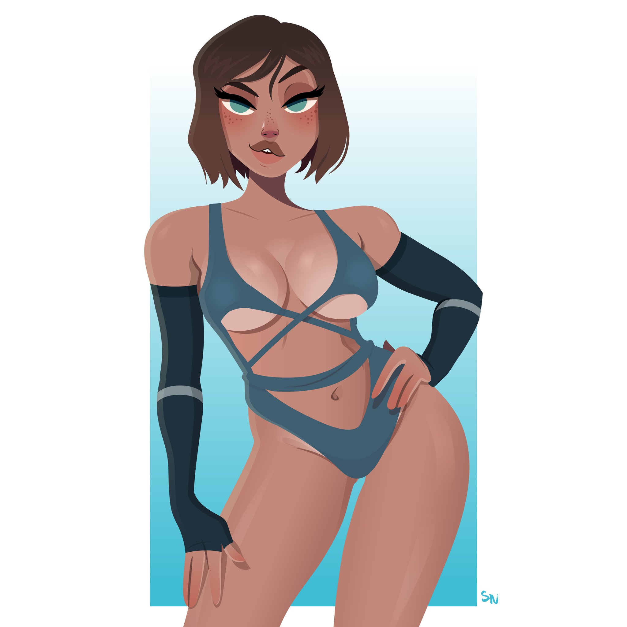 1girls, 2021, avatar legends, blue eyes, breasts, brown hair, cleavage, dark skin, dark-skinned female, female, female only, fingerless arm sleeves, hand on hip, hand on thigh, hourglass figure, korra, looking at viewer, medium breasts, nickelodeon, nightlyneu, one-piece swimsuit, short brown hair, short hair, solo, swimsuit, the avatar, the legend of korra, underboob, water tribe