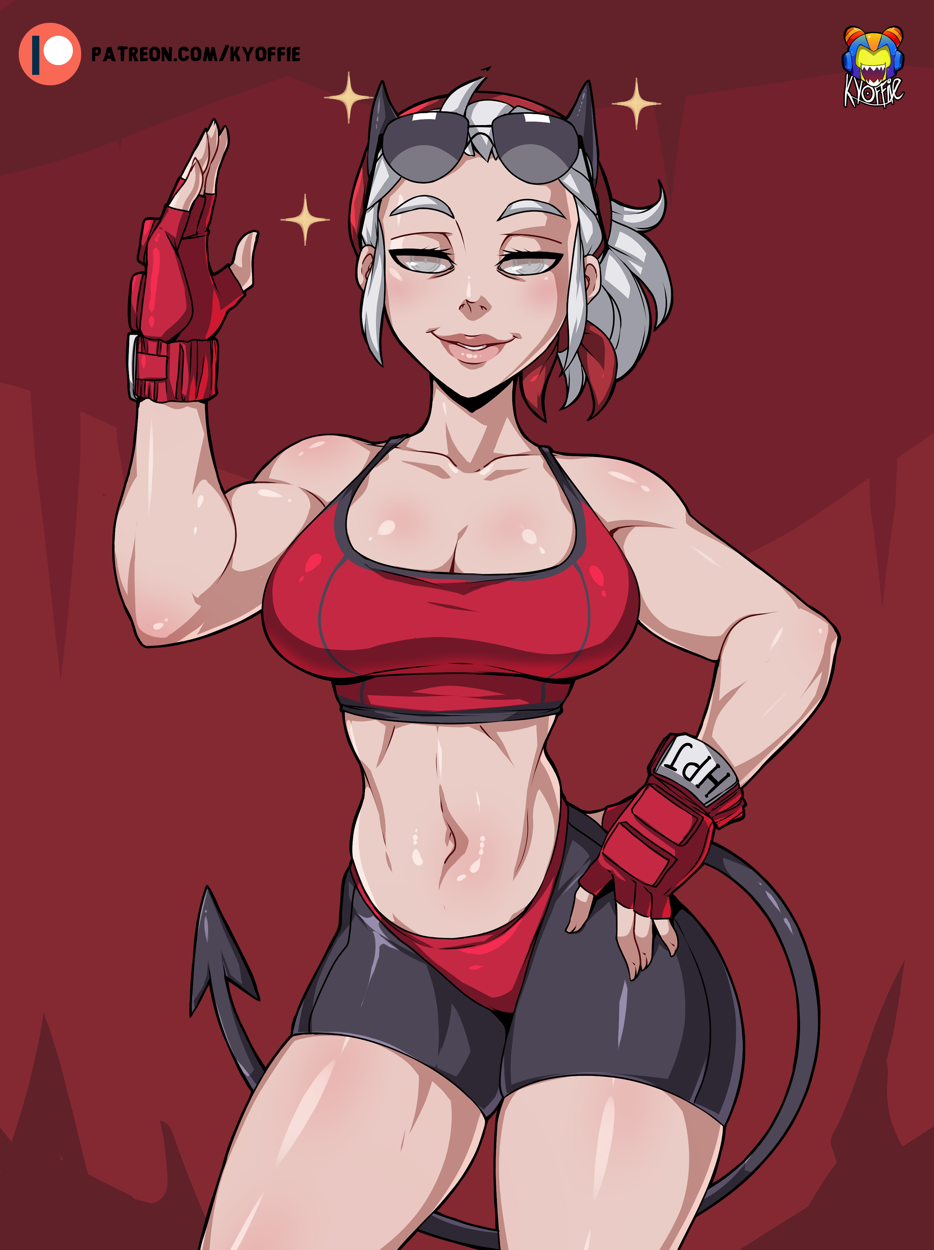 1girls, big breasts, blind, breasts, cleavage, clothing, demon, demon girl, demon horns, demon tail, female, female only, gym clothes, gym shorts, hair, hand on hip, handwear, headwear, helltaker, hips, horns, justice (helltaker), kyoffie, lips, shorts, smile, solo, solo female, sports bra, sportswear, sunglasses, sunglasses on head, tail, thick lips, tomboy, topwear, white eyes, white hair, wide hips