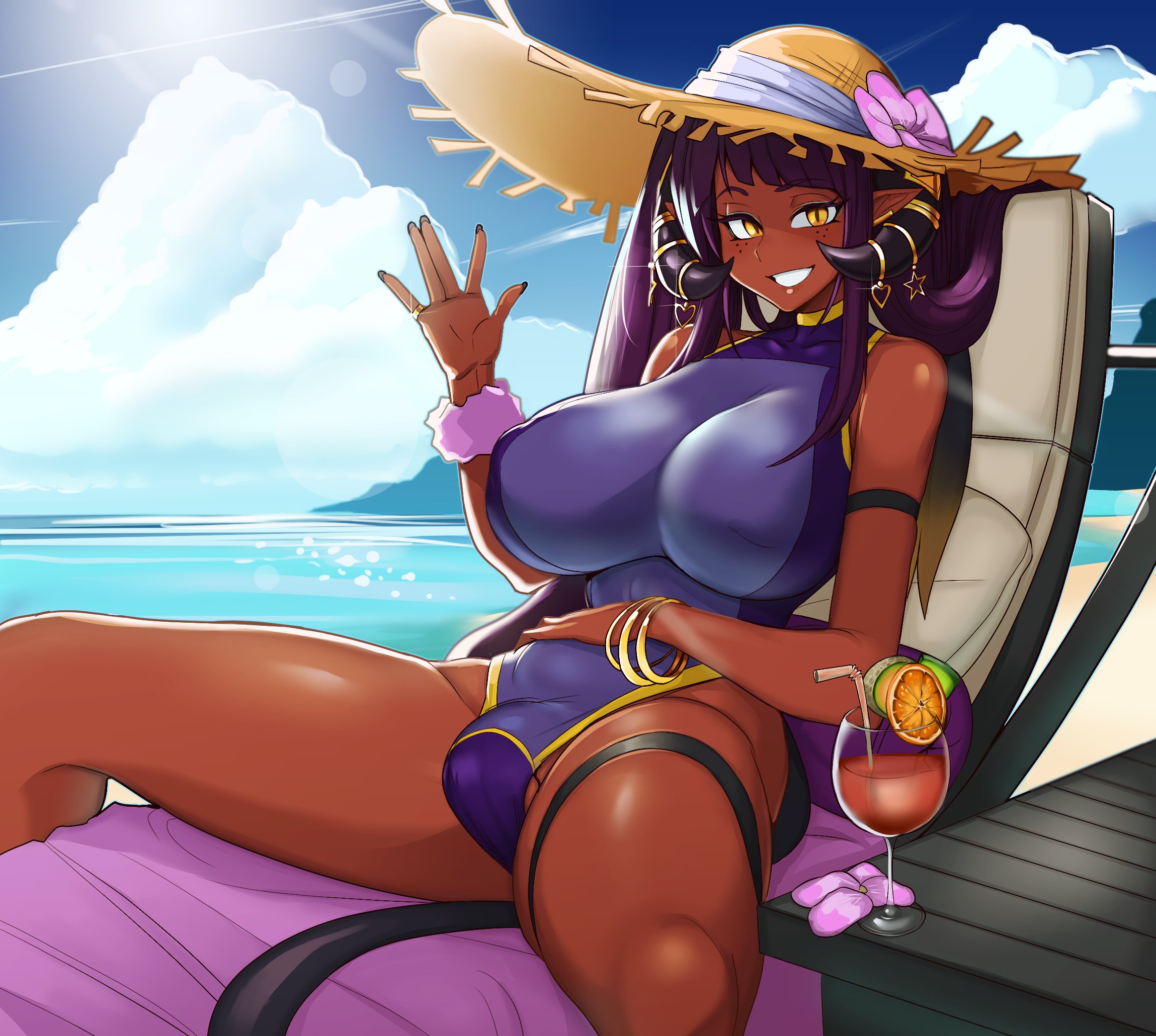 1futa, beach, beach chair, big breasts, breasts, clothed, clothing, dark skin, dark-skinned futa, flaccid, futa only, futanari, hat, horns, humanoid, intersex, leotard, long hair, looking at viewer, mostly clothed, penis, pointy ears, purple hair, sitting, solo, standby, sun hat, swimsuit, wine glass