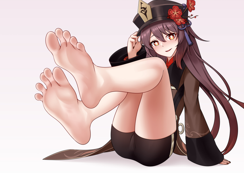 1girls absurdres barefoot black_hair feet foot_fetish foot_focus genshin_impact hat highres hu_tao_(genshin_impact) human human_only long_hair oirin red_eyes soles solo star-shaped_pupils star_(symbol) symbol-shaped_pupils toes white_skin young