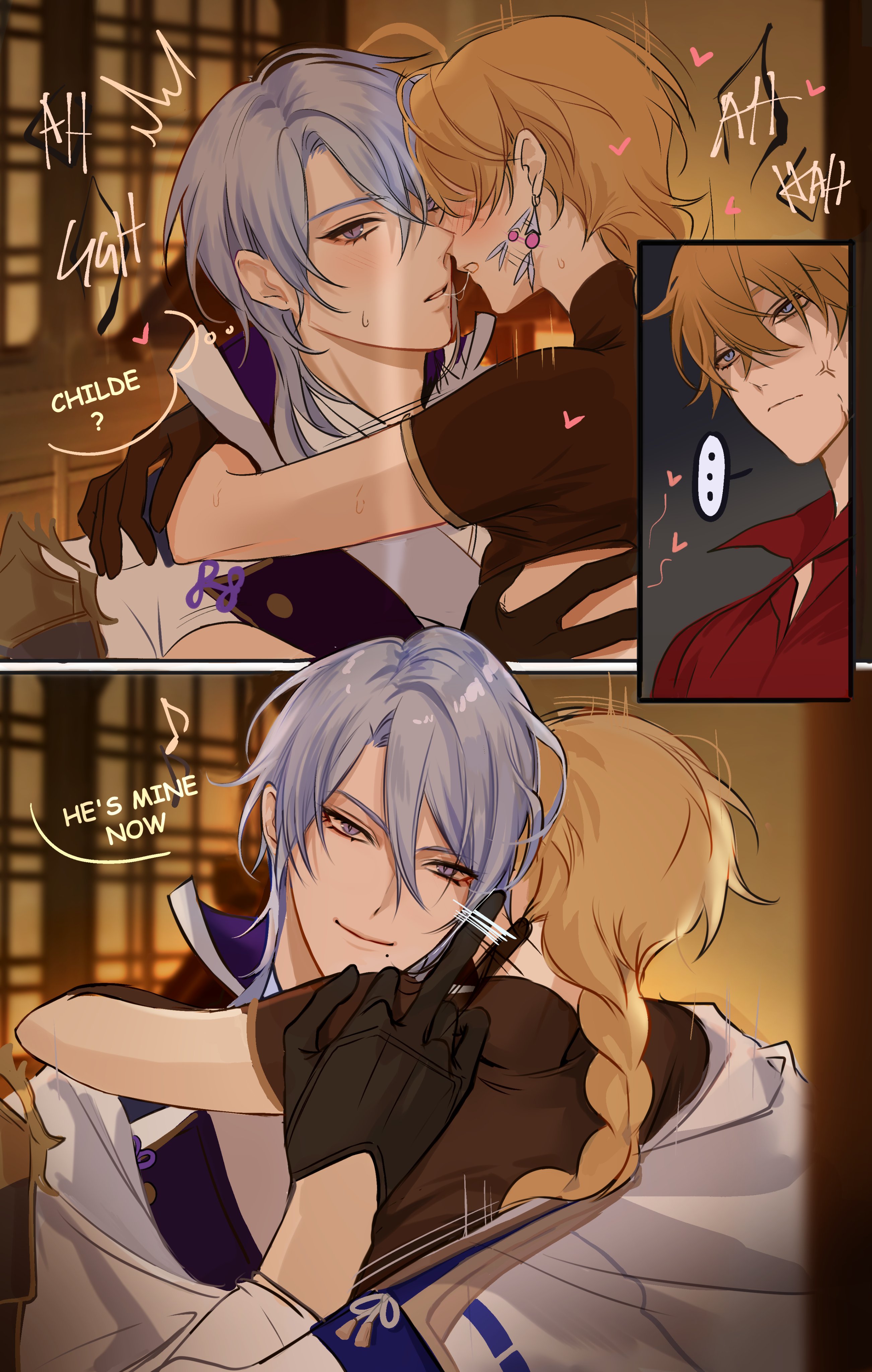 3boys, aether (genshin impact), anal, anal penetration, anal sex, angry, angry expression, angry face, being watched, blush, caught, childe (genshin impact), drool, drool string, gay, gay sex, genshin impact, heart, jealous, kamisato ayato, kissing, male, male only, male/male, middle finger, penetration, pnk crow, sex, tartaglia (genshin impact), watching, yaoi