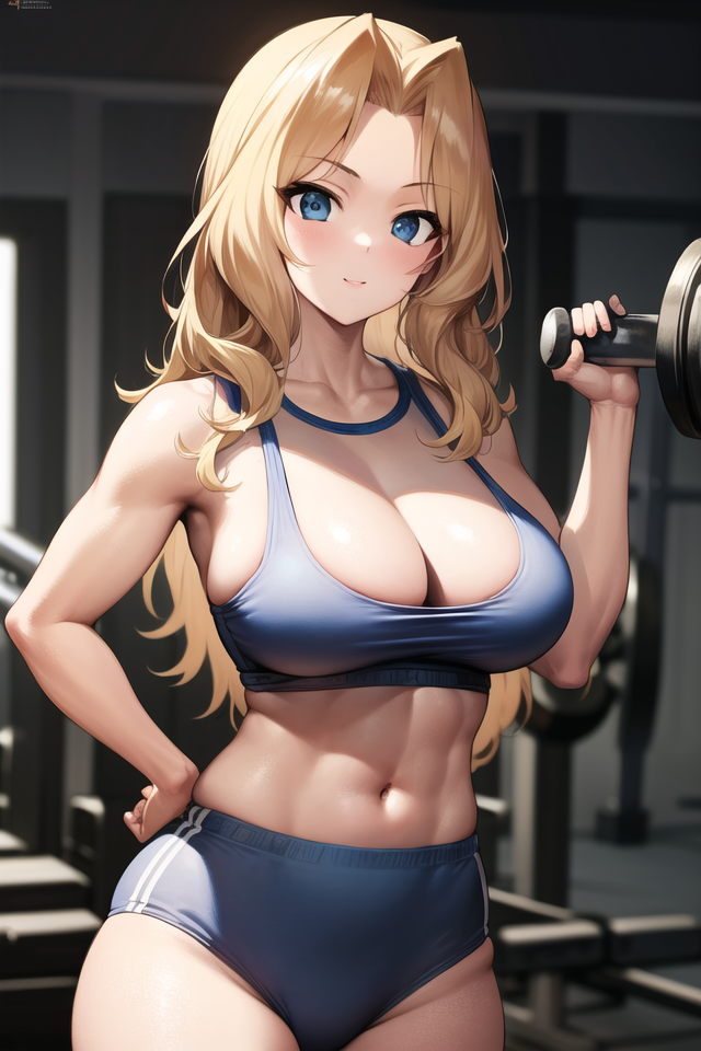 abs, ai generated, blonde hair, female, girls und panzer, kay (girls und panzer), sports bra, sportswear