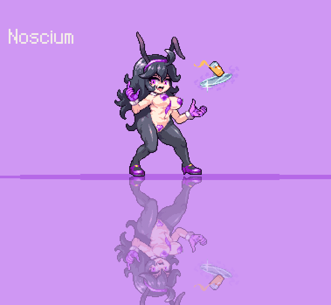 big_breasts bunny_ears bunnysuit game_freak headband hex_maniac navy_blue_hair nintendo noscium pixel pixel_art pokemon pokemon_xy purple_background revealing_clothes