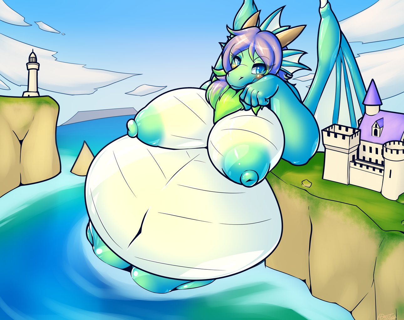 anthro belly big_belly big_breasts breasts castle day-t dragon female hair huge_breasts hyper hyper_belly hyper_breasts lighthouse macro nipples non-mammal_breasts non-mammal_nipples scalie solo