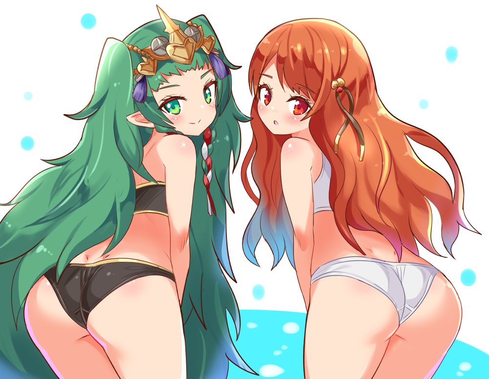 2girls :o ass black_bra black_panties bra cougar1404 cougar_(cougar1404) female female_only fire_emblem fire_emblem:_radiant_dawn fire_emblem:_three_houses green_eyes green_hair long_hair looking_at_viewer looking_back multiple_girls nintendo orange_eyes orange_hair panties ribbon_braid simple_background smile sothis_(fire_emblem) trait_connection underwear very_long_hair white_bra white_panties yune_(fire_emblem)