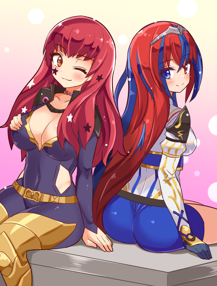 2girls ;3 alear_(female)_(fire_emblem) alear_(fire_emblem) ass bangs bare_thighs belt big_ass black_cape blue_eyes blue_hair bodysuit braid breasts cape chest_strap choker cleavage cleavage_cutout closed_mouth clothing_cutout collarbone commission cougar1404 cougar_(cougar1404) covered_navel crossed_bangs crown_braid facial_mark female female_only fire_emblem fire_emblem_engage gloves gold_belt gradient_background hair_ornament heterochromia large_breasts long_hair looking_at_another looking_at_viewer looking_back medium_breasts multicolored_hair multiple_girls nintendo one_eye_closed orange_eyes pink_choker purple_bodysuit red_eyes red_hair shorts side_cutout simple_background sitting skeb_commission skirt smile split-color_hair star_(symbol) star_facial_mark star_hair_ornament thighs tiara two-tone_hair very_long_hair wavy_mouth wink yunaka_(fire_emblem)