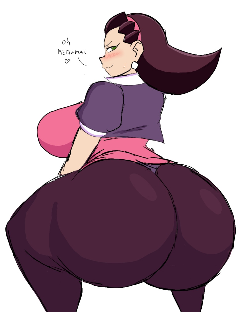 1girls, ass, ass focus, big ass, big breasts, big butt, blush, breasts, brown hair, bubble ass, bubble butt, caked up, capcom, cheesecake, clothed, clothing, fat ass, fat butt, female, female only, green eyes, huge ass, huge butt, looking at viewer, looking back, mega man, mega man legends, momiji (artist), pantyhose, simple background, smile, solo, squatting, thick ass, thick thighs, tron bonne, white background, wide hips