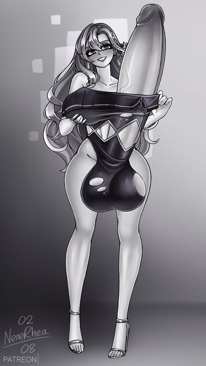 1futa, balls, bare legs, big breasts, breasts, chloe (fire emblem), clothed, clothing, erection, fire emblem, fire emblem engage, futa only, futanari, gigantic balls, gigantic testicles, greyscale, grin, high heels, human, hyper, hyper penis, intersex, legs, light skin, light-skinned futa, long hair, looking at viewer, monochrome, nenerhea, nintendo, penis, smile, solo, standing, testicles, thick thighs, very long hair, wide hips
