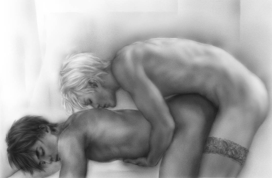 2boys back_massage black_hair black_hair_bottom domination gay katsuki_yuuri kiss_back light_hair_on_dark_hair male_only sleeping tagme viktor_nikiforov white_hair white_hair_on_black_hair white_hair_top yuri!!!_on_ice