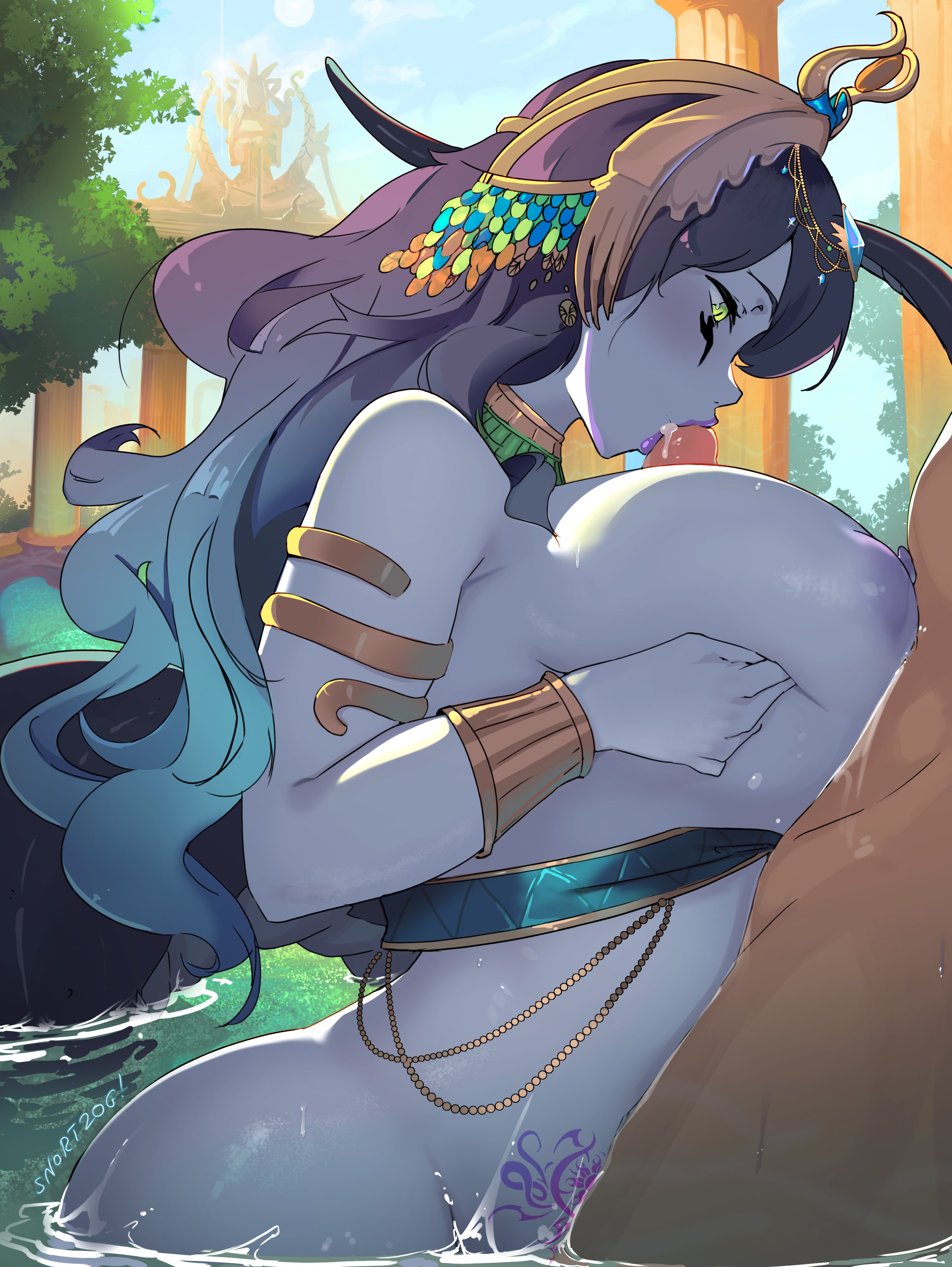 1boy, 1girls, 2023, areolae, big breasts, blue nipples, breasts, colored skin, dark skin, dark-skinned male, digital drawing (artwork), digital media (artwork), fellatio, female, huge breasts, human, indie virtual youtuber, interspecies, lamia, male, male human/female monster, male/female, monster girl, naga, nipples, oral, oral penetration, oral sex, paizufella, paizuri, purple lipstick, purple skin, purple-skinned female, sideboob, snortzog, unseen male face, vexoria the sun eater, virtual youtuber