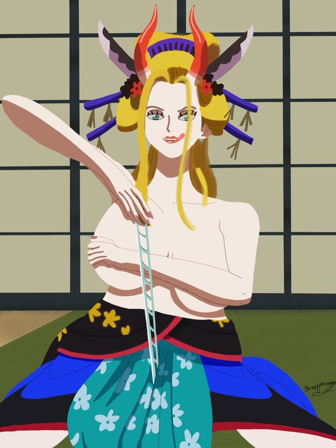 beast_pirates black_maria blonde_hair covering covering_breasts female female_only geisha horn horns kreepperman oiran one_piece spider_web topless topless_female wano_country