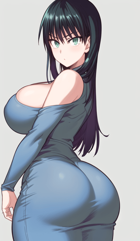 ai generated, ass, big ass, big breasts, big butt, big hips, breasts, female, fubuki (one-punch man), green eyes, green hair, hips, huge breasts, long hair, one-punch man, thick, thick thighs
