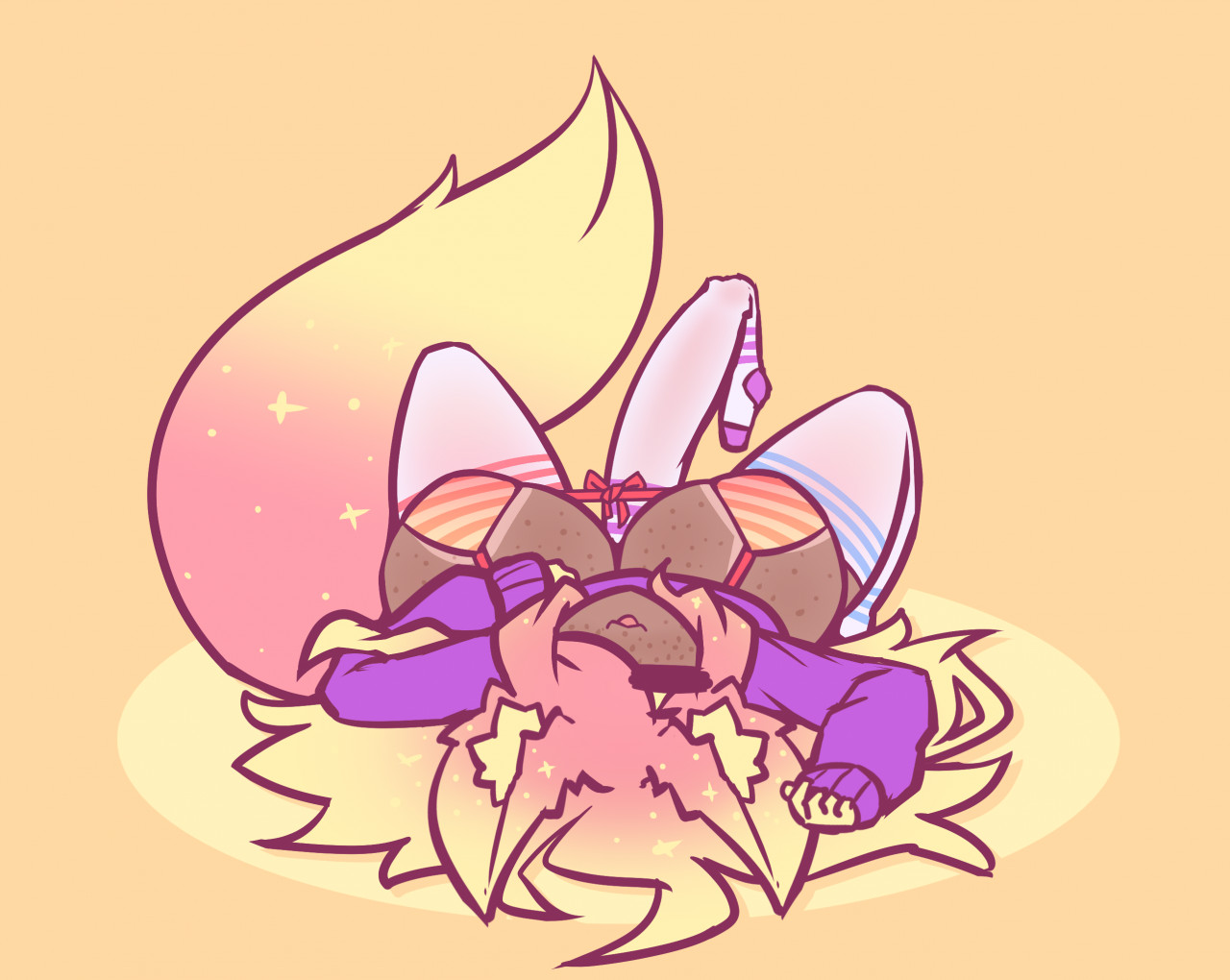 :3, 1futa, animal ears, big breasts, breasts, clothed, clothing, cock sock, dark skin, dark-skinned futa, erection, female, fox ears, fox girl, fox tail, futa only, futanari, huge breasts, huge cock, humanoid, intersex, kemonomimi, limebreaker, long hair, mostly nude, multicolored hair, on back, penis, pink hair, sock on penis, socks, solo, sparkles, thighhighs, two-tone hair, yellow hair